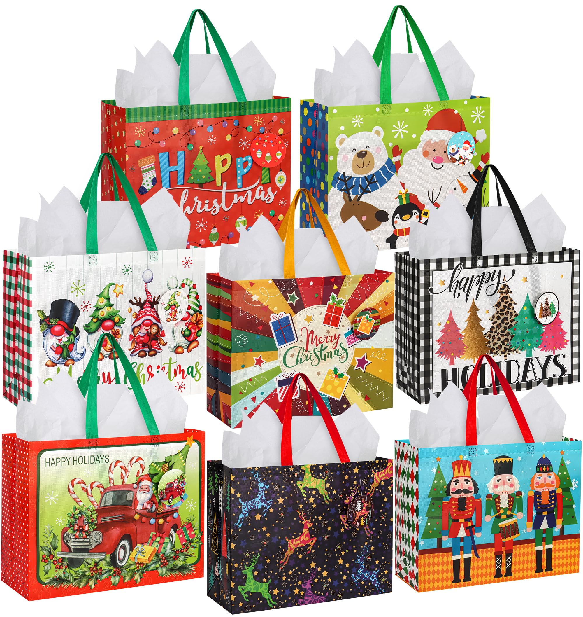 Extra Large Christmas Gift Bags Bulk - 8 Pack Reusable Holiday Tote Bags with Handles, 16.5
