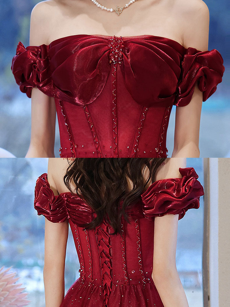 Elegant Burgundy Off Shoulder Tulle Long Prom Dress for Women - Formal Evening Gown for Homecoming, Wedding, Ball & Special Occasions