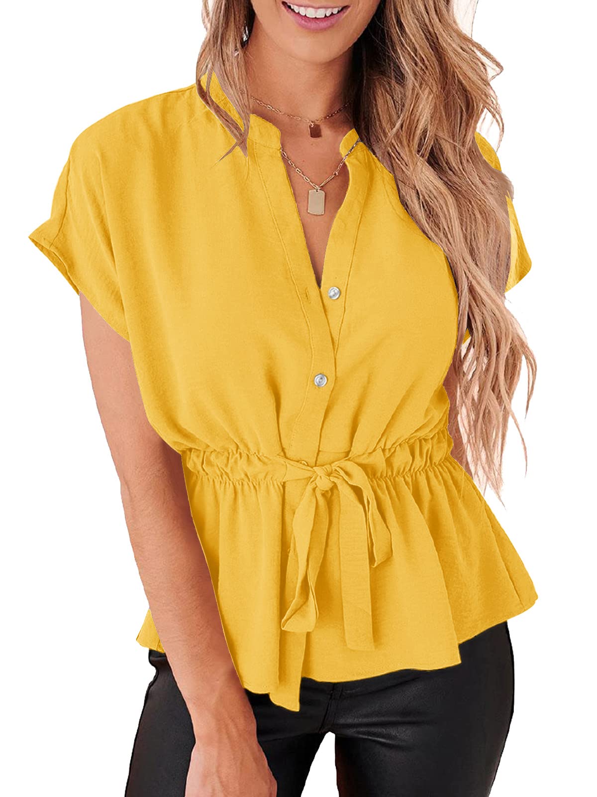 Women's Chiffon Button Down Blouse - Casual Peplum Summer Top with Henley Neckline for Work, Date Night & Outdoor Events