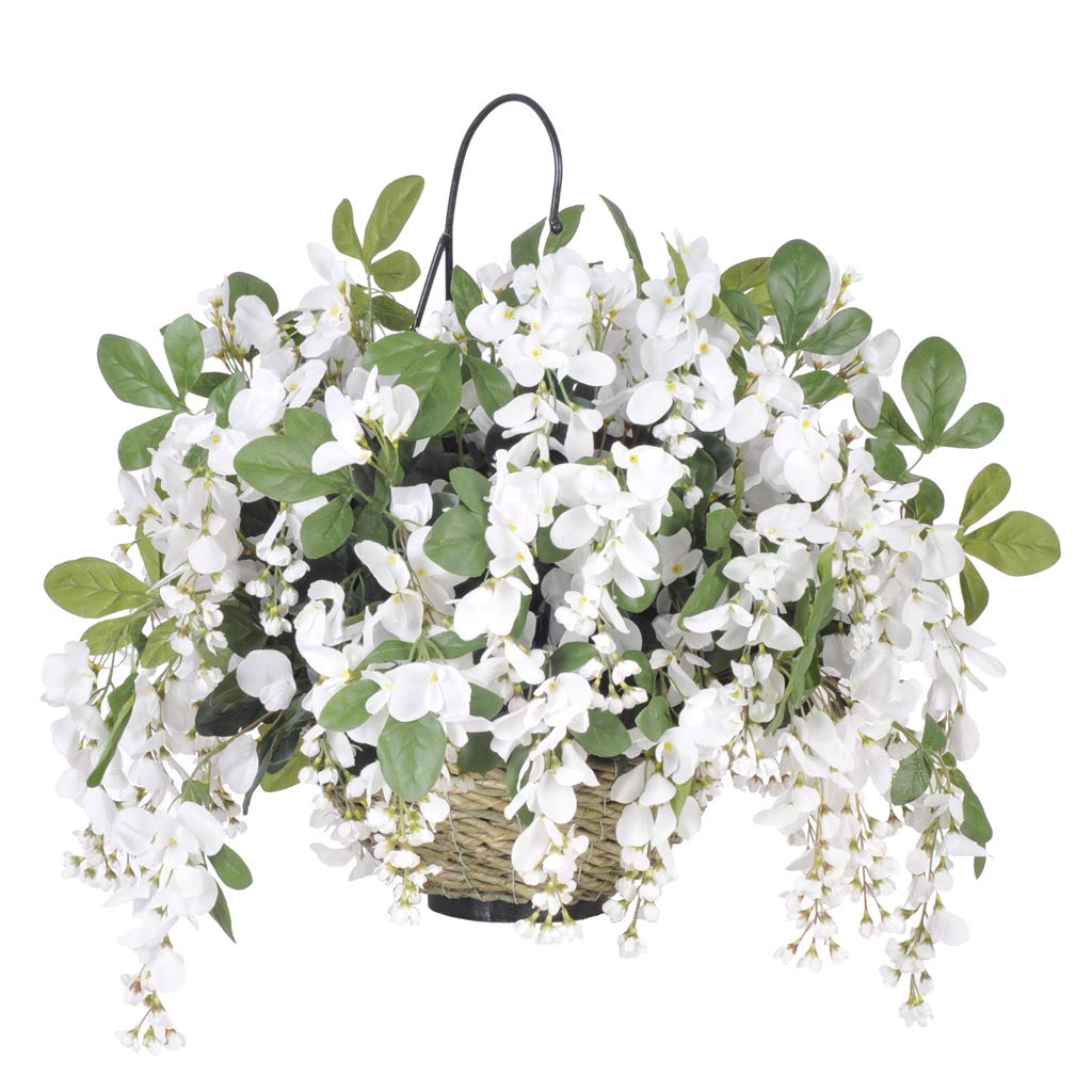 House of Silk Flowers Artificial White Wisteria in Natural Water Hyacinth Hanging Basket - Perfect for Indoor Decor, Wedding Centerpieces, and Garden Accents