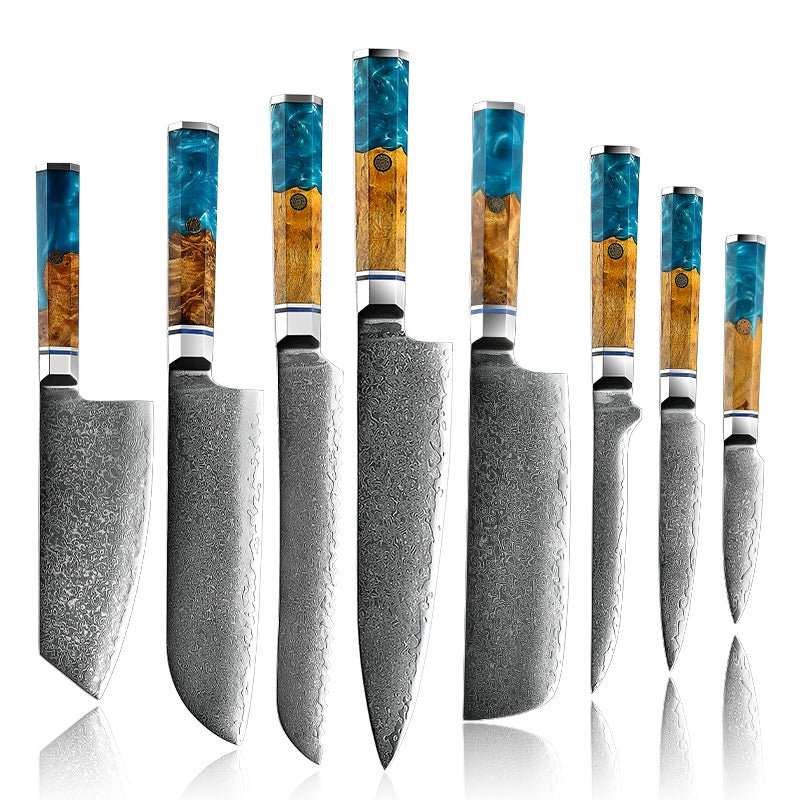 Premium VG10 Damascus Steel 8-Piece Japanese Knife Set with Exotic Olive Burl Wood & Resin Handle - Perfect for Professional Chefs & Home Cooking Enthusiasts