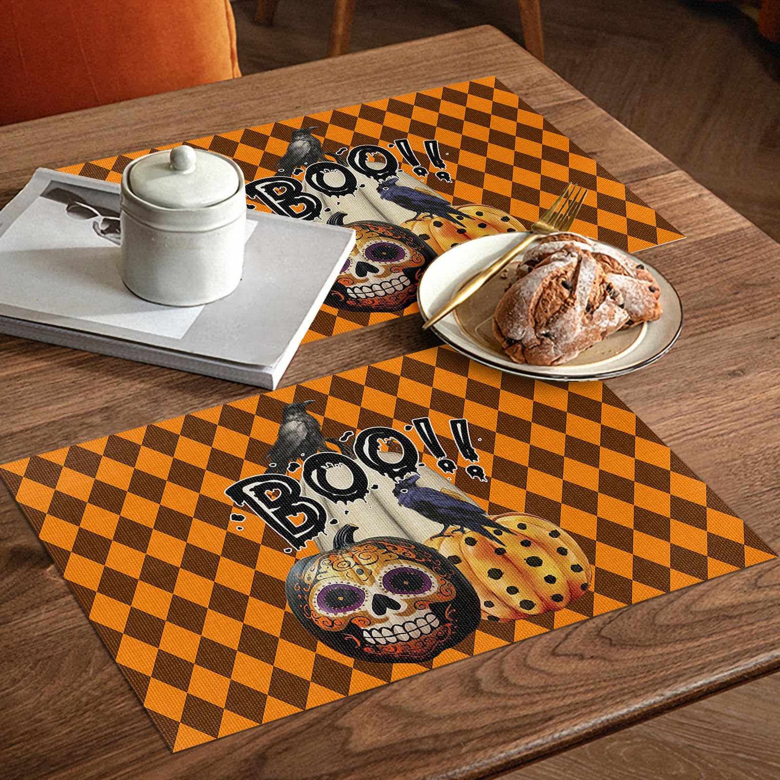 Halloween Placemats Set of 4 - Washable PVC Table Mats for Dining & Kitchen, Woven Vinyl Plastic Placemats with Bohemian Pumpkin Crow Skull Design - Perfect for Holiday Decor, Dinner Parties & Fall Table Settings
