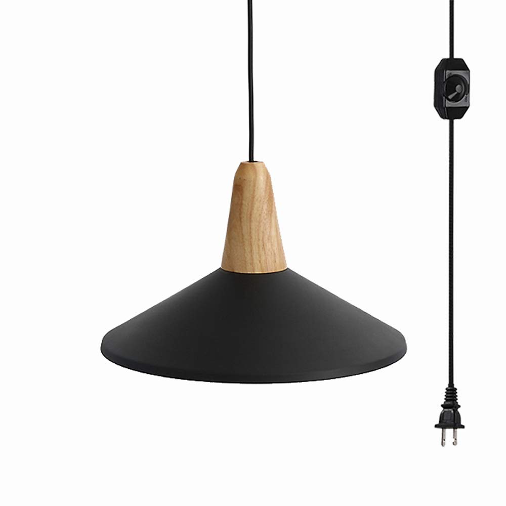 ANYE 20ft UL Listed Plug-in On/Off Dimmer Switch Cord - Black Shade Wooden Light Socket for Cafe String Lights - Vintage Industrial Ceiling Lamp for Dining Room, Restaurant, Loft & Patio (Bulbs Not Included) | Perfect for Ambient Lighting in Coffee Shops, Bistros and Outdoor Spaces