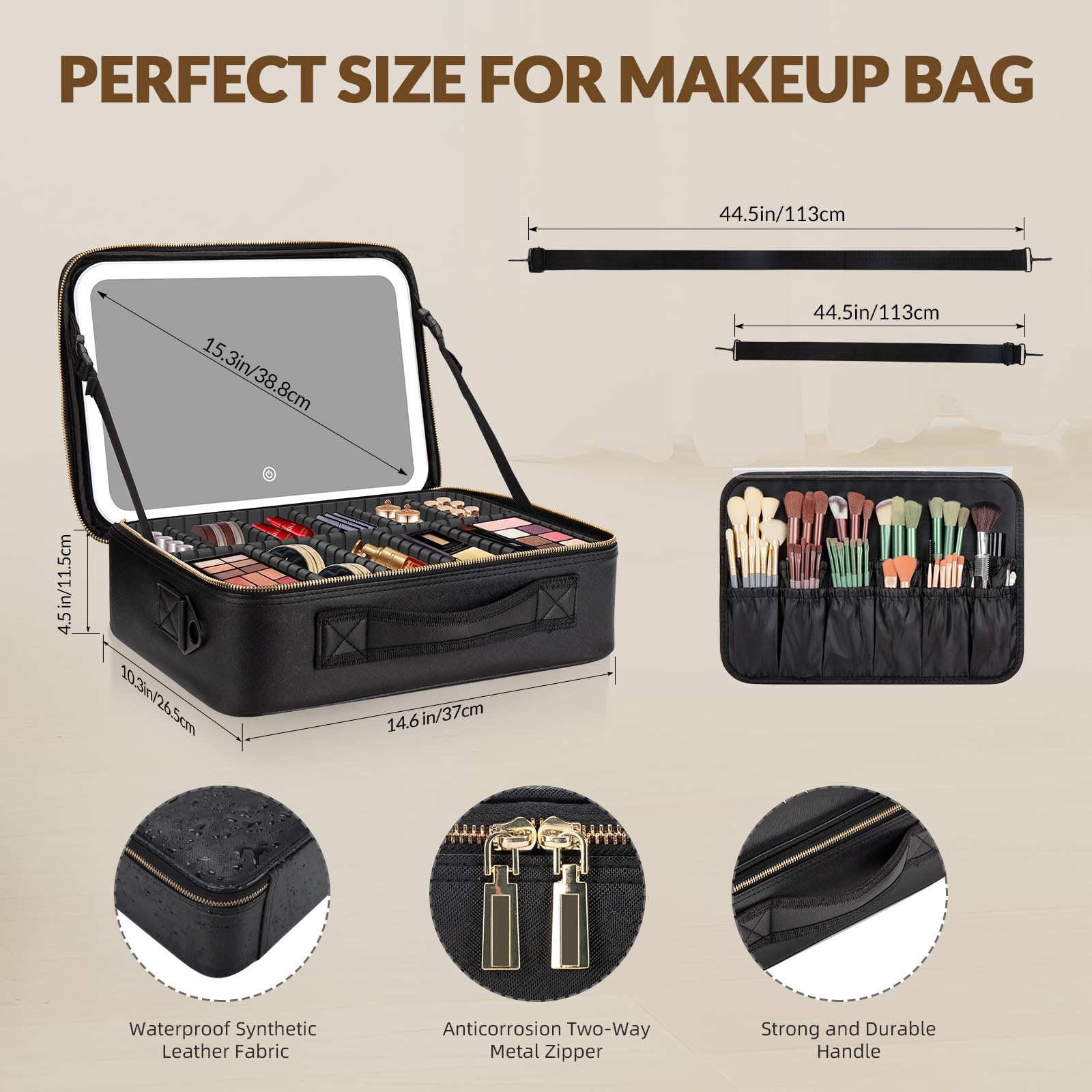 LED Makeup Bag with Adjustable Brightness Mirror - 14.6
