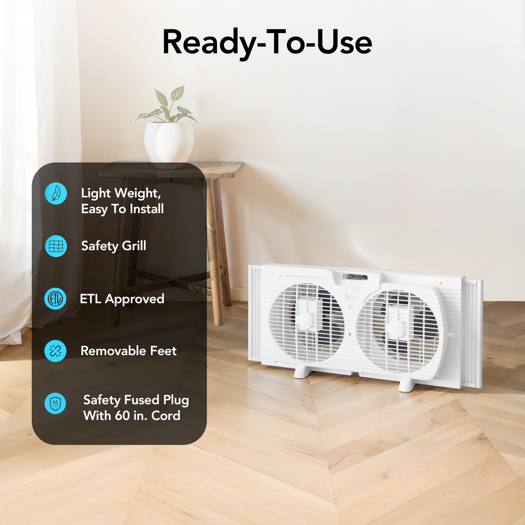 9 Inch 3 Speed Dual Window Fan with Auto-Locking Expanders - Quiet Bedroom Cooling Fan with Removable Bug Screen - White - Perfect for Home, Office & Dorm Room Ventilation
