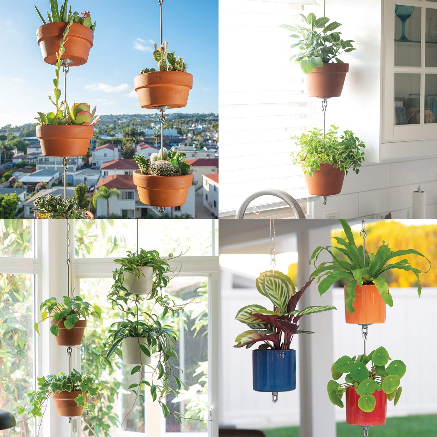 5-Piece Stainless Steel Pot Hanger Kit with Accessories - Connectable Hanging Planter System for Vertical Gardens - Indoor/Outdoor Use with Drainage Holes - Perfect for Balconies, Patios & Small Space Gardening