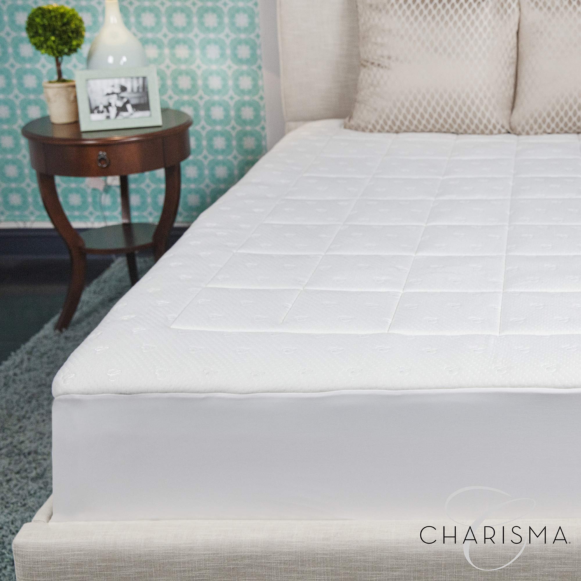 Charisma Luxury Memory Foam & Fiber Washable Mattress Pad - Waterproof, Stain Resistant King Size Bed Topper (White) for Ultimate Comfort & Protection - Perfect for Guest Rooms, Master Bedrooms & Allergy Relief