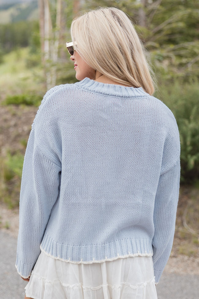 Stylish Blue and Ivory Contrast Stitch Detail Sweater for Women | Cozy Knit Pullover | Perfect for Fall Layering & Casual Outfits