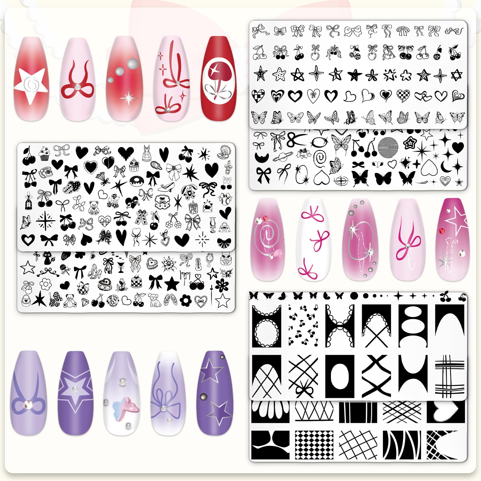 Whaline 6Pcs Coquette Nail Stamping Plates Set - Bow, Cherry & Heart Nail Art Templates for DIY Manicure, Salon & Home Nail Design | Perfect for Valentine's Day, Bridal & Party Nail Art