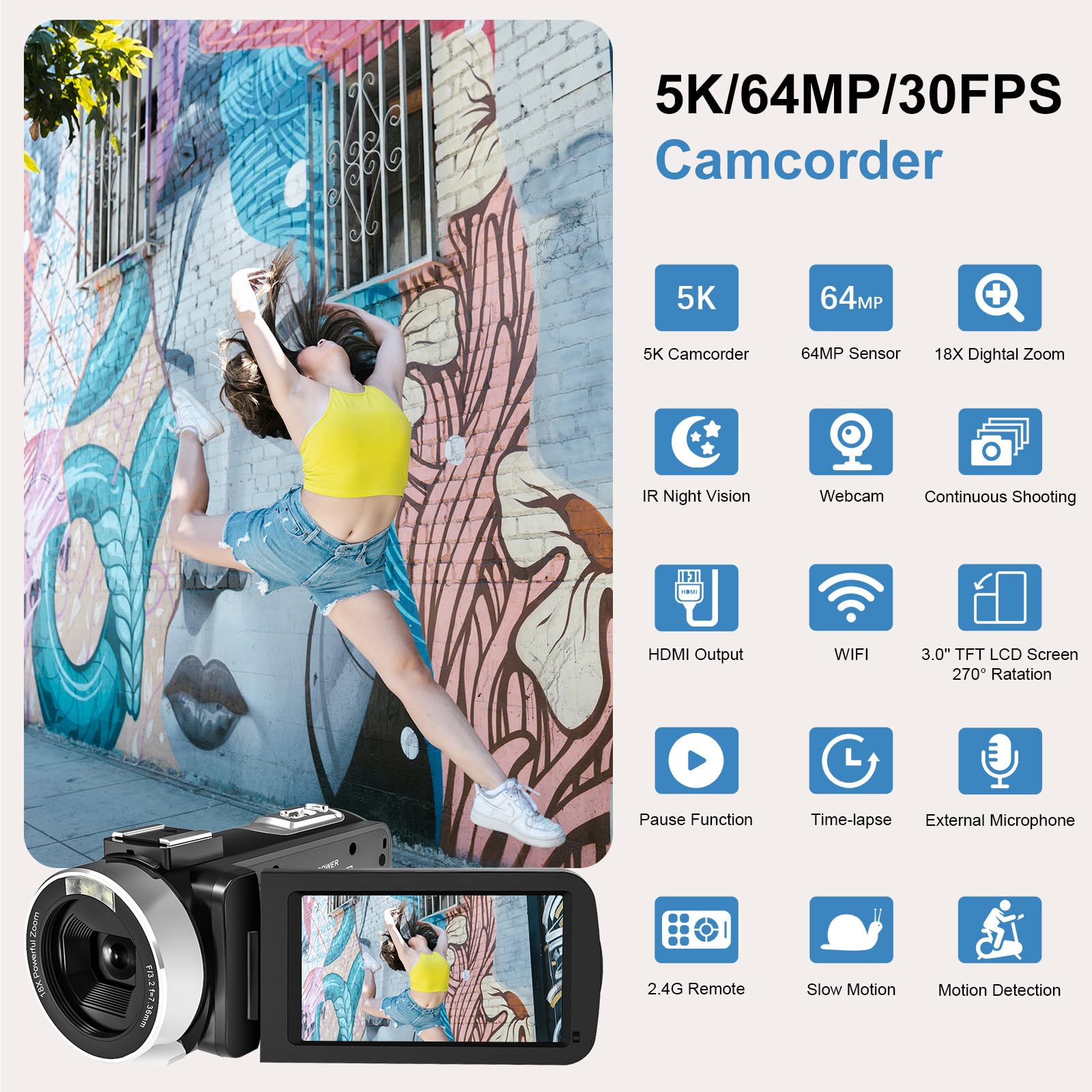**5K Camcorder Video Camera - 64MP, 18X Digital Zoom, WiFi, IR Night Vision, 3.0