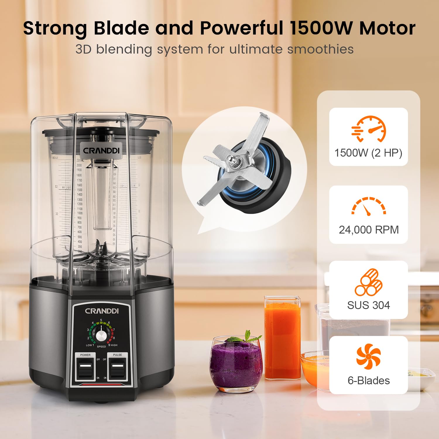 CRANDDI 1500W Commercial Blender - 80oz High-Speed Ice Crusher for Smoothies, Shakes & Food Prep - Heavy Duty Blender with Tamper & Removable Soundproof Cover - Perfect for Restaurants, Bars & Home Kitchens (Grey, Model K85)