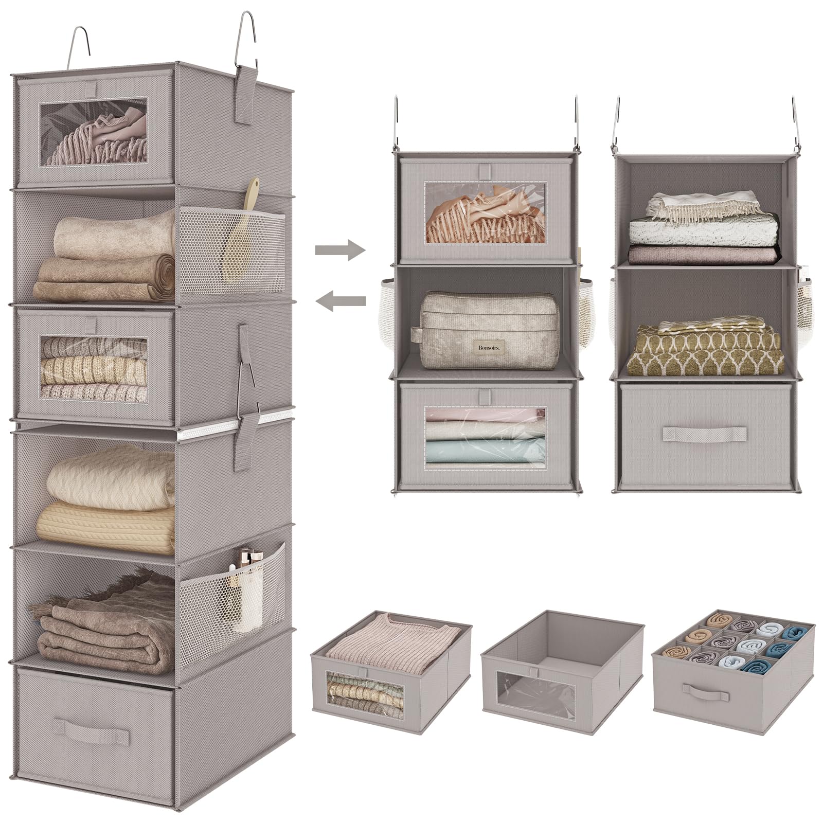 Fixwal 6-Tier Hanging Closet Organizer with 3 Drawers - Space Saving Shelves for Clothes, Shoes & Accessories - Perfect for Bedroom, Dorm & Small Space Organization (1 Pack, Gray) - Ideal for Maximizing Closet Space and Keeping Wardrobes Neat