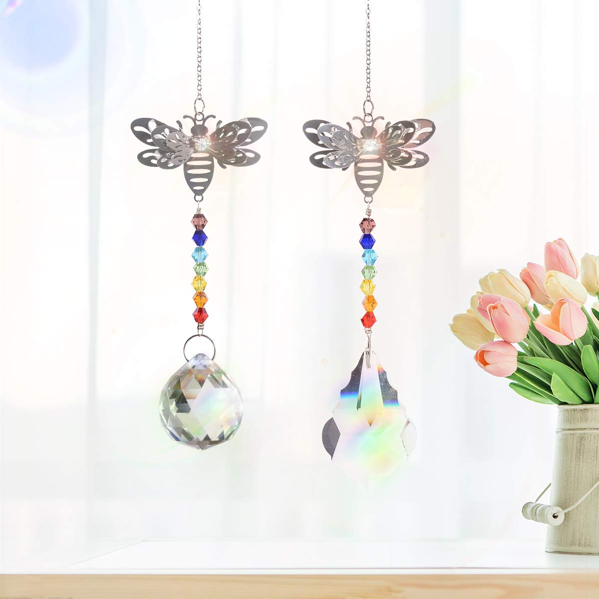 2 Pack Crystal Glass Bee Suncatchers - Rainbow Maker Window Prisms for Home Decor, Gifts & Garden Ornaments - Creates Beautiful Rainbows in Sunrooms, Nurseries and Outdoor Spaces