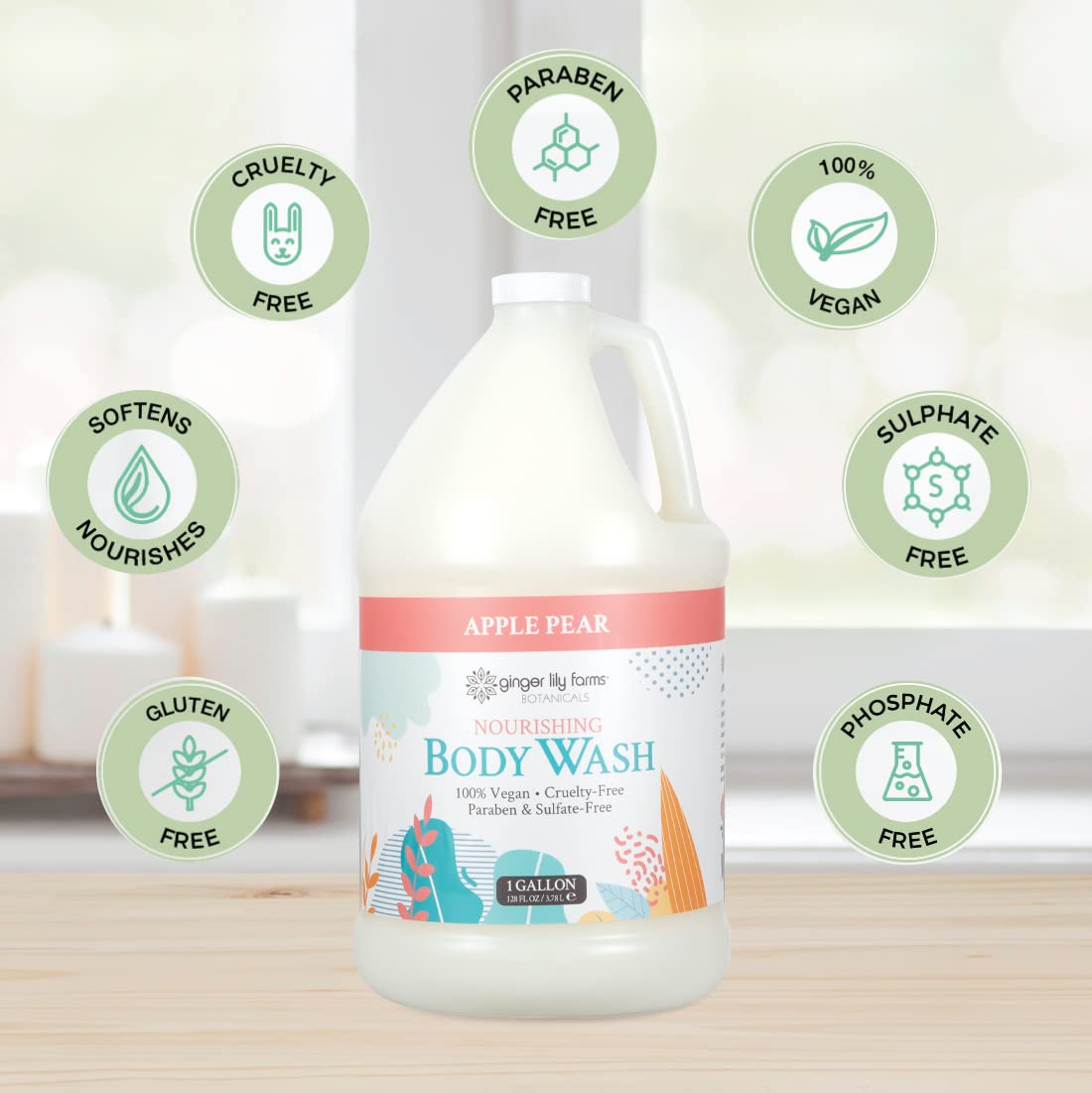 Ginger Lily Farms Botanicals Nourishing Body Wash - 100% Vegan & Cruelty-Free, Apple Pear Fragrance, 1 Gallon Refill (128 fl oz) for Sensitive Skin - Perfect for Daily Shower, Spa & Relaxation at Home