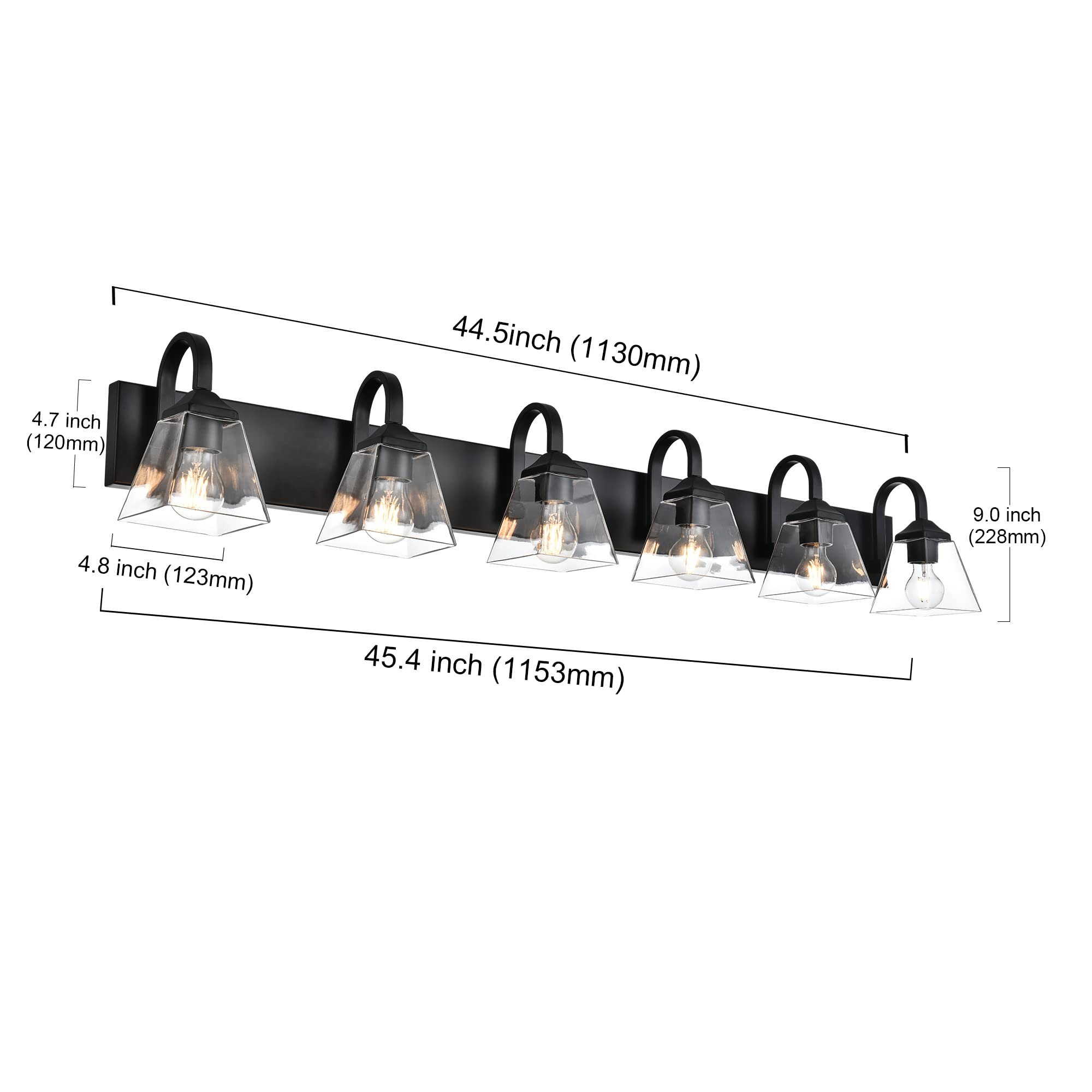 6-Light Vanity Light Fixture, 44.5 Inch Farmhouse Style Bathroom Wall Sconce with Clear Glass Shade - Black Finish for Bathroom Vanity, Dressing Table, Living Room & Bedroom Lighting - Perfect for Modern Home Decor and Cozy Ambiance