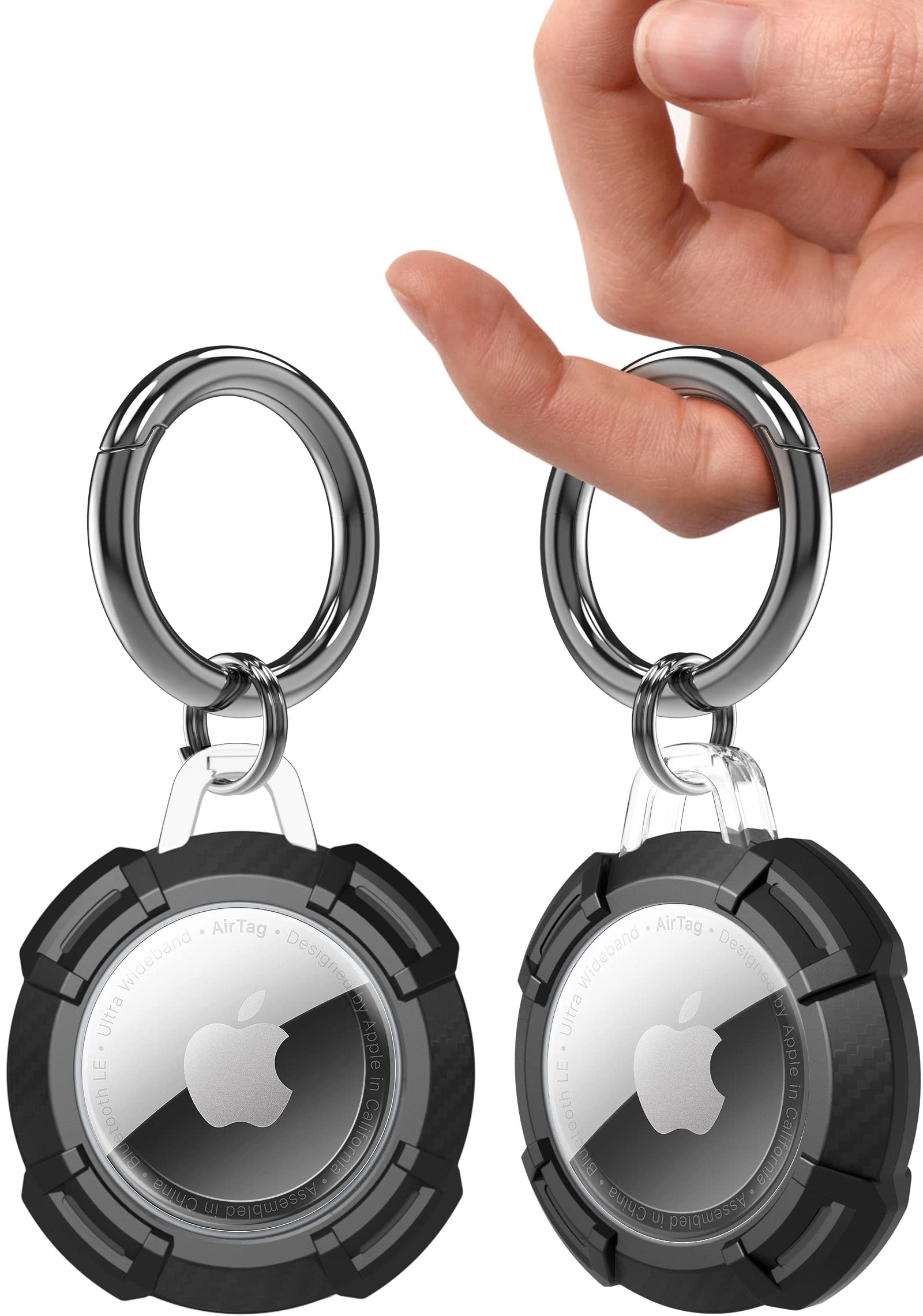 2 Pack Secure AirTag Holder - Shockproof Anti-Scratch TPU & Clear PC Double Protection Case with Key Ring | Twist Lock Design for Apple AirTag | Perfect for Keys, Luggage & Backpacks | Black
