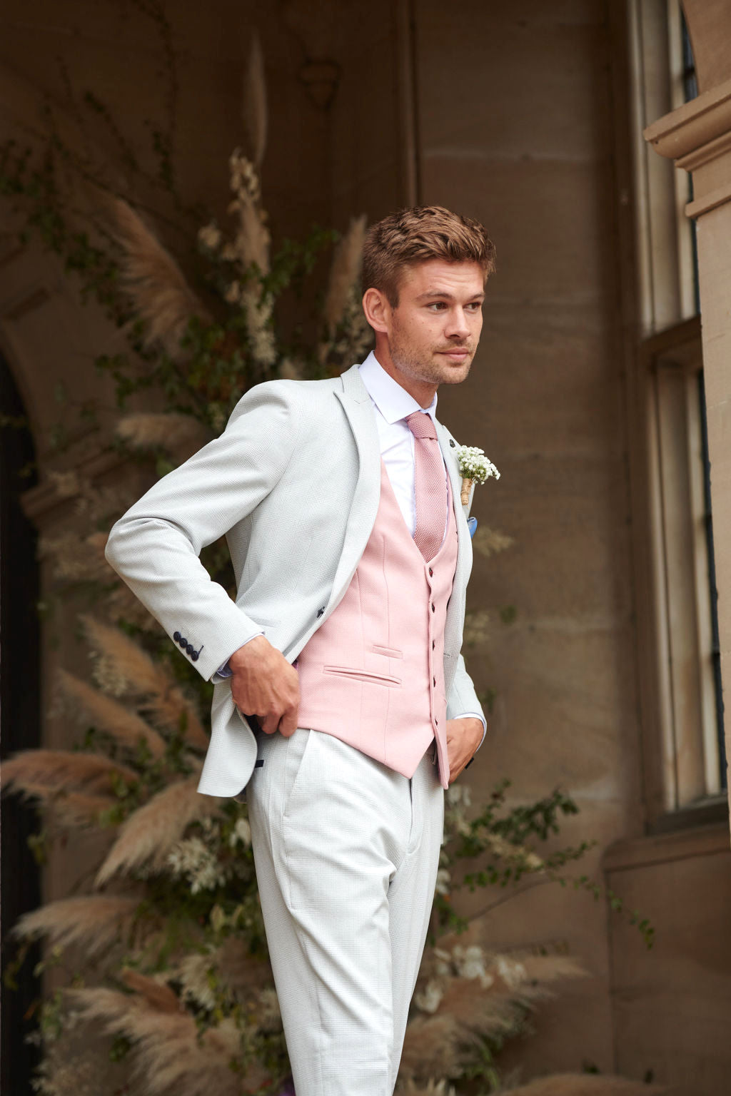 BROMLEY Men's Stone Check Suit with Kelvin Pink Waistcoat - Formal Business Attire for Weddings, Office & Special Occasions