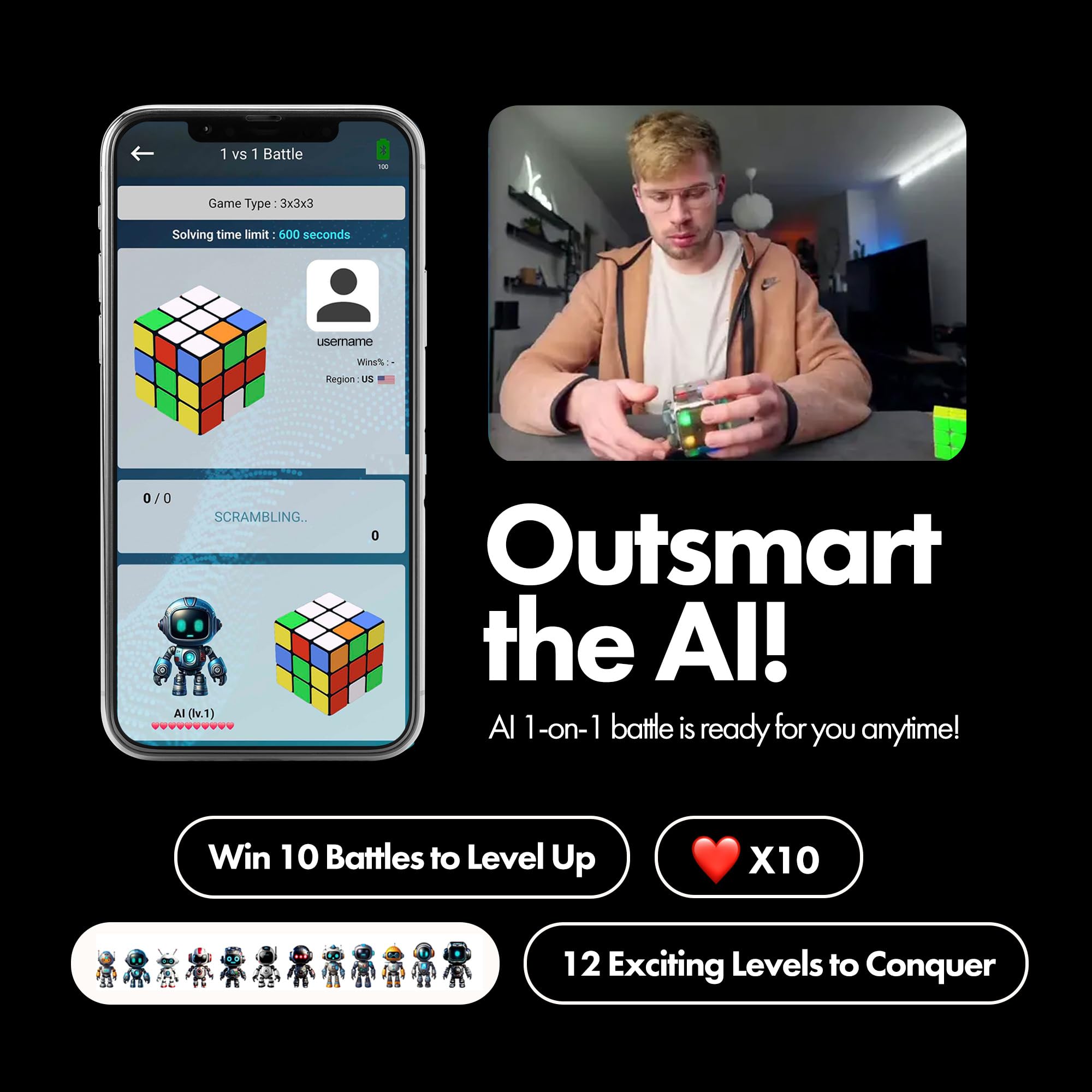AI Robot Cube & Smart Cube - Self Scrambling STEM Puzzle Cube with 10 Challenge Modes | Self Solving Speed Cube with Music | Perfect STEM Gift for Kids, Teens & Adults | Great for Brain Training, Classroom Learning & Family Game Nights