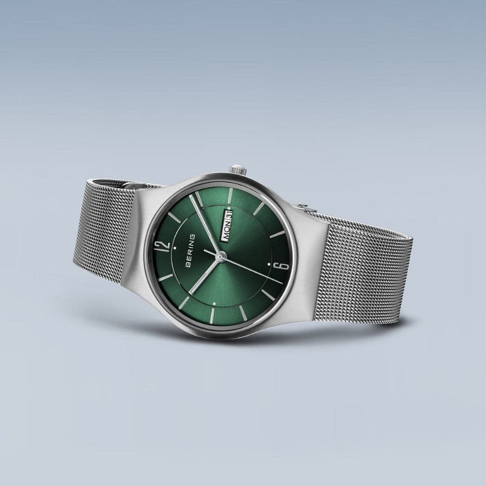 Bering Classic Men's Watch - Green Dial, Silver Milanese Strap 11938-008DD | Luxury Quartz Timepiece for Business, Formal & Casual Wear