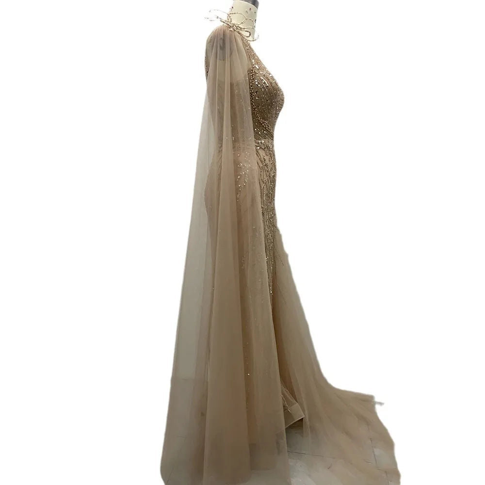 Elegant Nude Arabic Evening Dress with Side Train & One Shoulder Mermaid Style for Women's Formal Prom, Wedding & Party Gowns - Perfect for Red Carpet Events, Galas & Special Occasions 2025 LA72442
