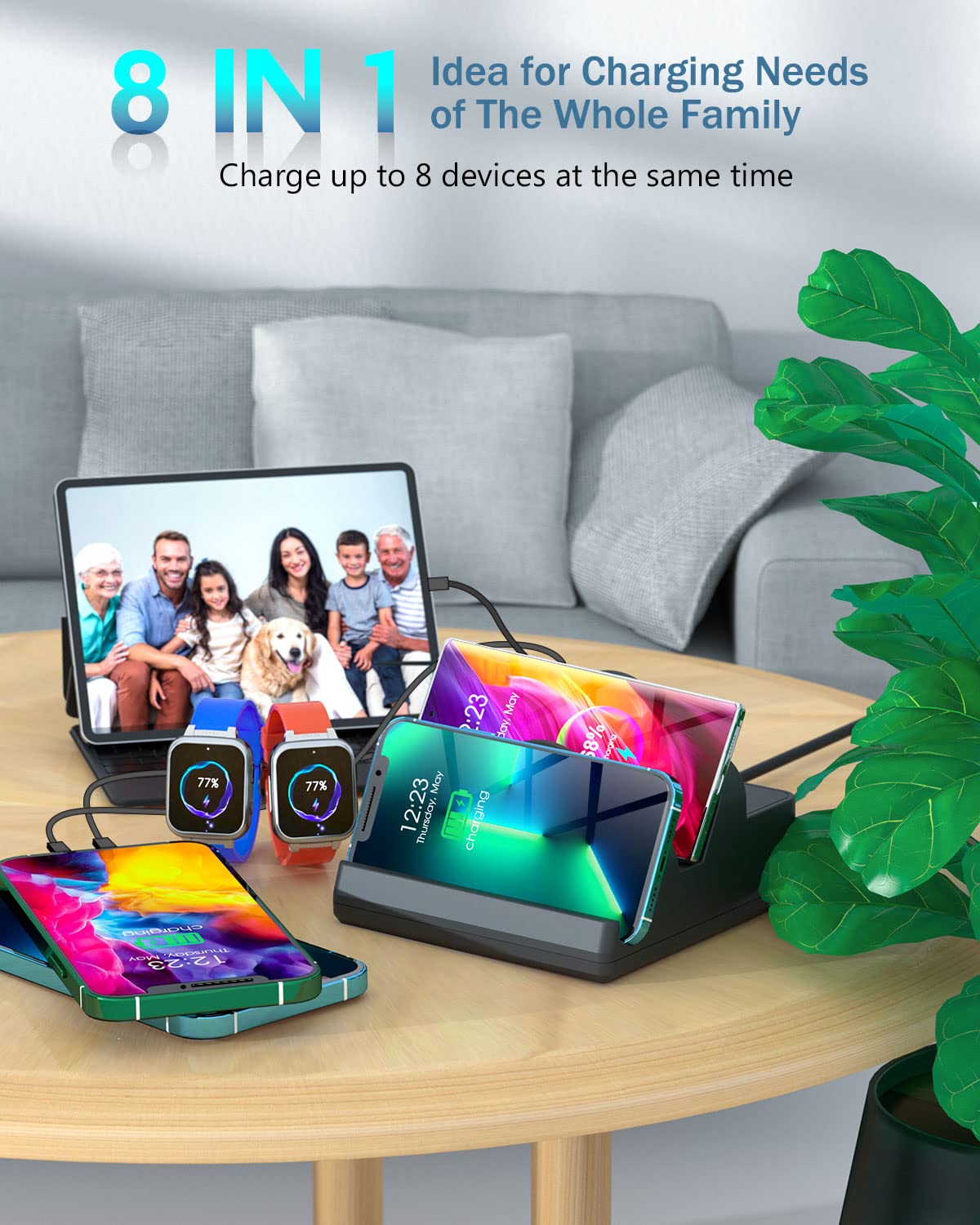 6-in-1 Wireless Charging Station with 15W Fast Charging - 2 QC & 2 PD USB Ports, 80W Multi-Device Charger for iPhone 14/13/12/11/X, Samsung Galaxy, Android Phones & Apple Watch - Perfect for Home, Office & Travel Charging Needs