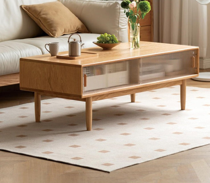 Solid Oak and Beech Wood Coffee Table with Glass Doors - Modern Living Room Furniture for Home Decor and Entertainment