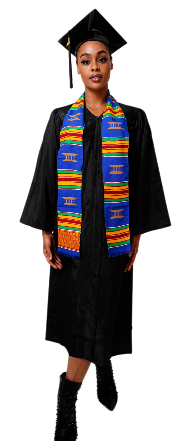 Hand Woven Blue and Gold Kente Cloth Graduation Stole - Authentic African Heritage Sash DP2169BLU for Graduation Ceremonies, Cultural Events & African Pride Celebrations