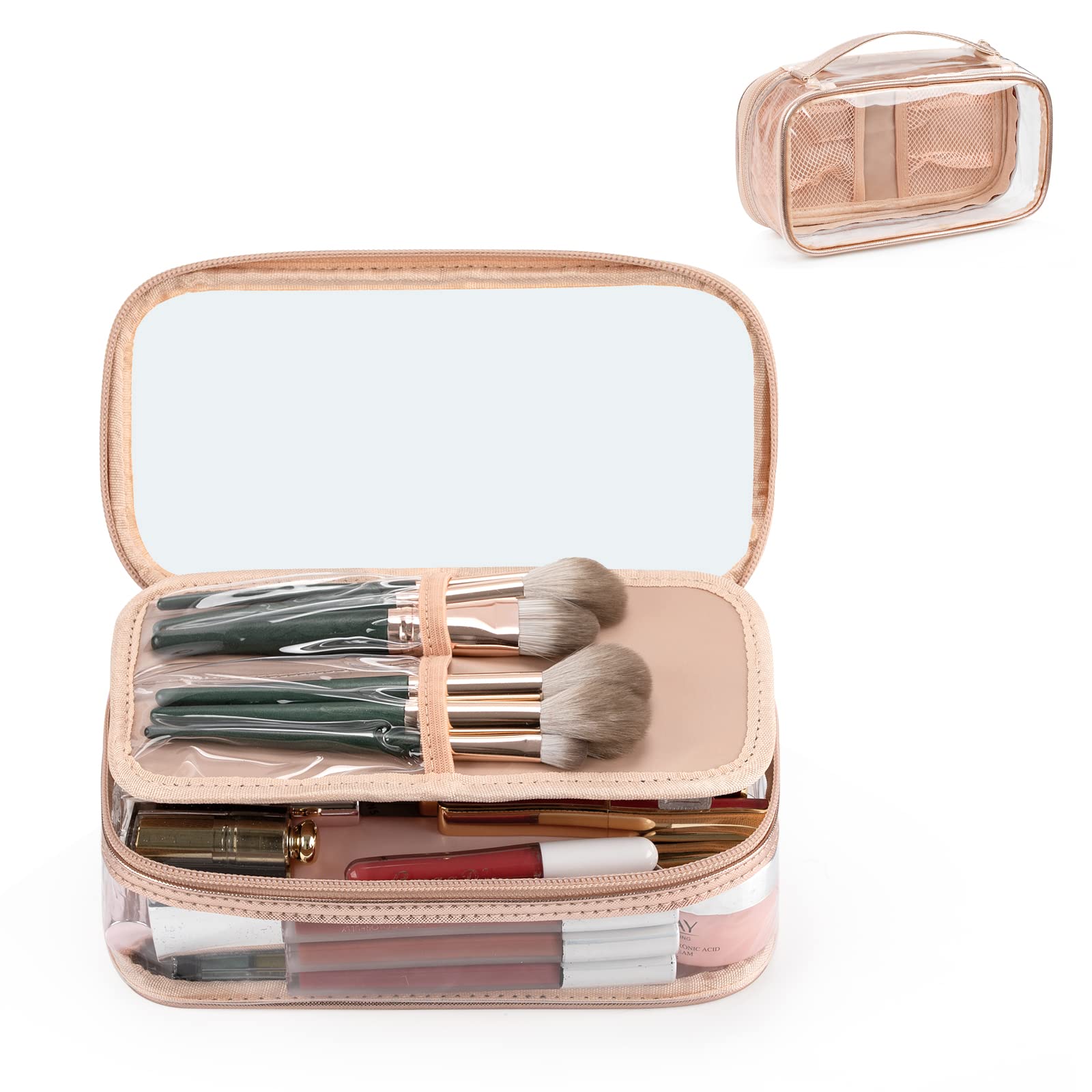 OCHEAL Clear Makeup Bag with Brush Compartment - Portable Travel Cosmetic Organizer for Women & Girls | Waterproof Makeup Pouch for Gym, Vacation & Daily Use (Rose Gold)