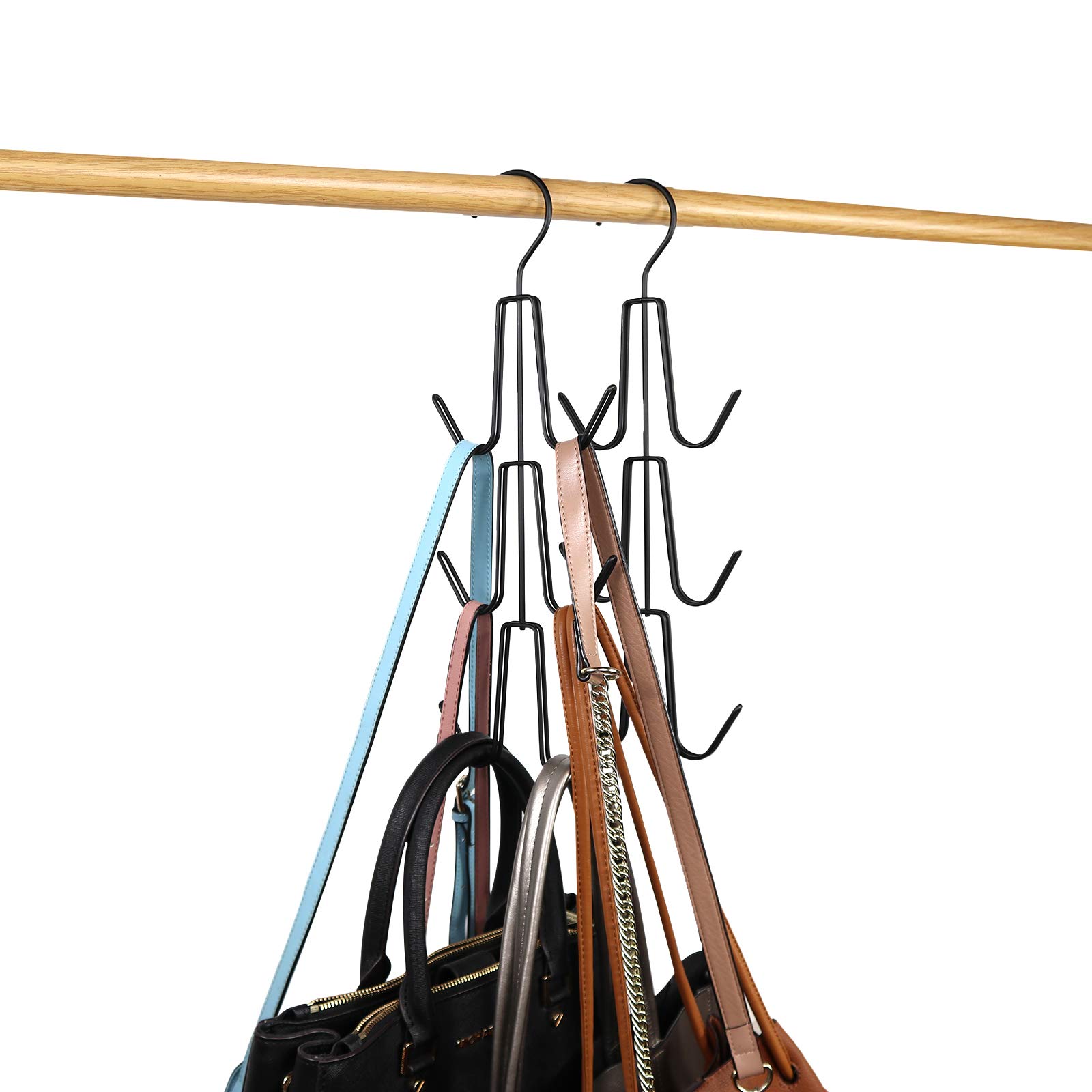 Niclogi 2-Pack Metal Purse & Handbag Hangers - Space Saving Closet Organizer for Purses, Handbags, Backpacks, Tank Tops & Belts (Black) - Perfect for Bedroom, Closet & Travel Organization