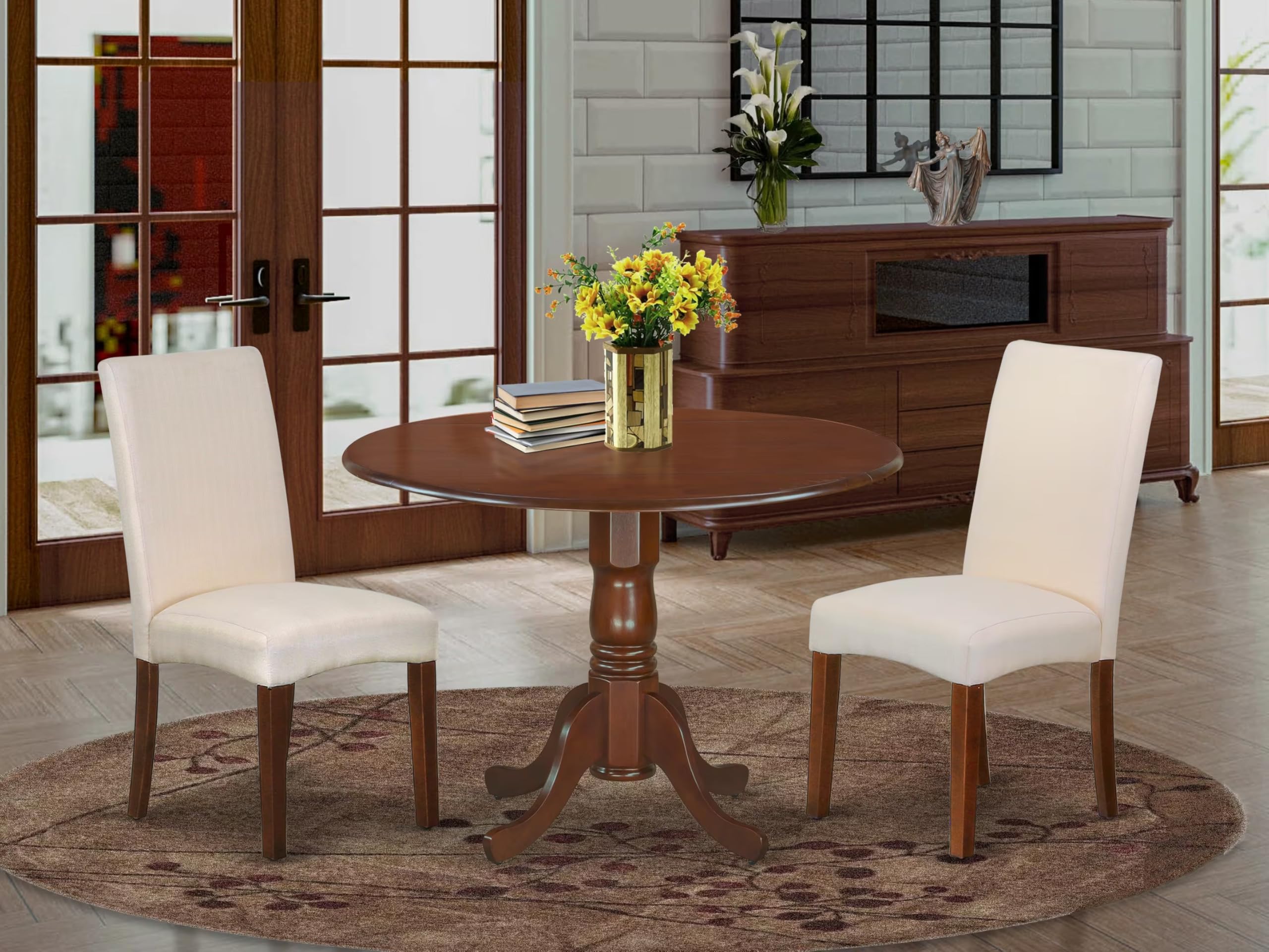 East West Furniture DLDR3-MAH-01 3-Piece Kitchen Table Set with Round Drop-Leaf Dining Table & 2 Cream Linen Fabric Chairs, 42x42 Inch, Mahogany - Perfect for Small Spaces, Breakfast Nooks & Cozy Dining Areas