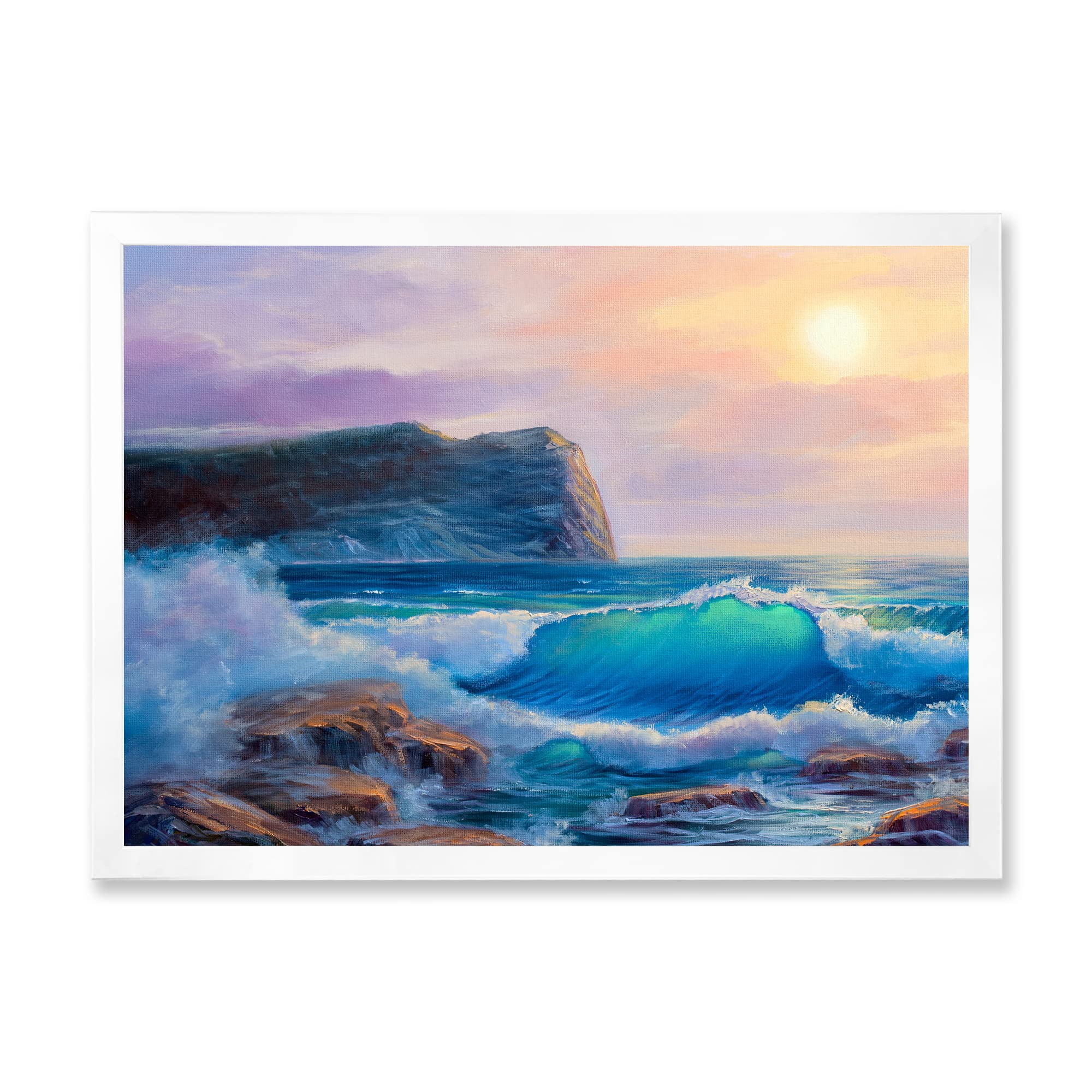 DesignQ Blue Waves Breaking At The Beach III - Coastal Framed Wall Art Decor for Living Room, Bedroom & Office | Nautical Ocean Theme Home Decoration