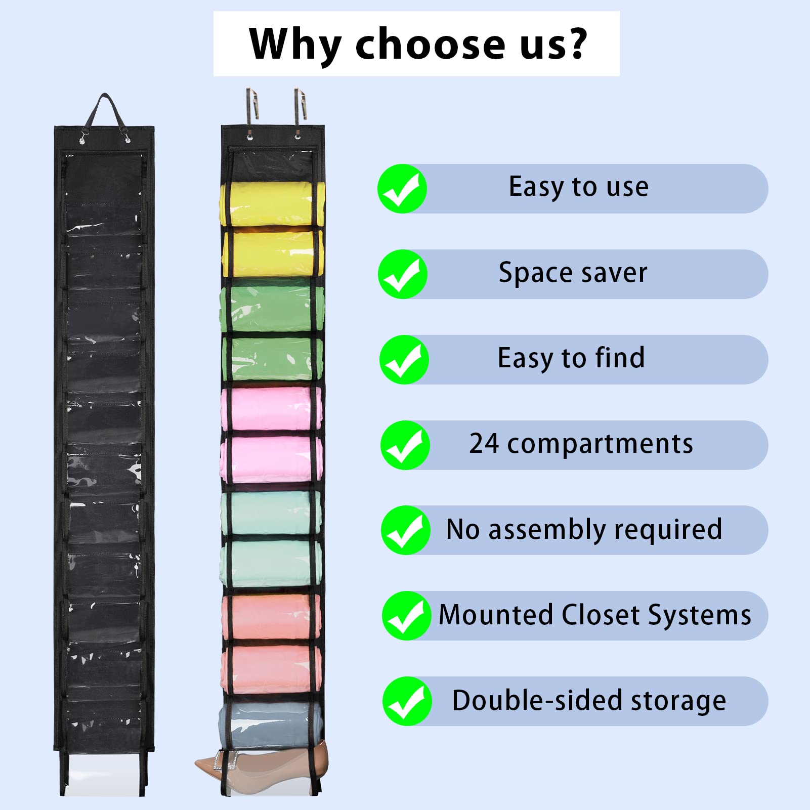 24 Compartment Hanging Closet Organizer for Leggings, Jeans & Clothes Storage - Space Saving Wardrobe Organizer for Closet, Bedroom & Travel