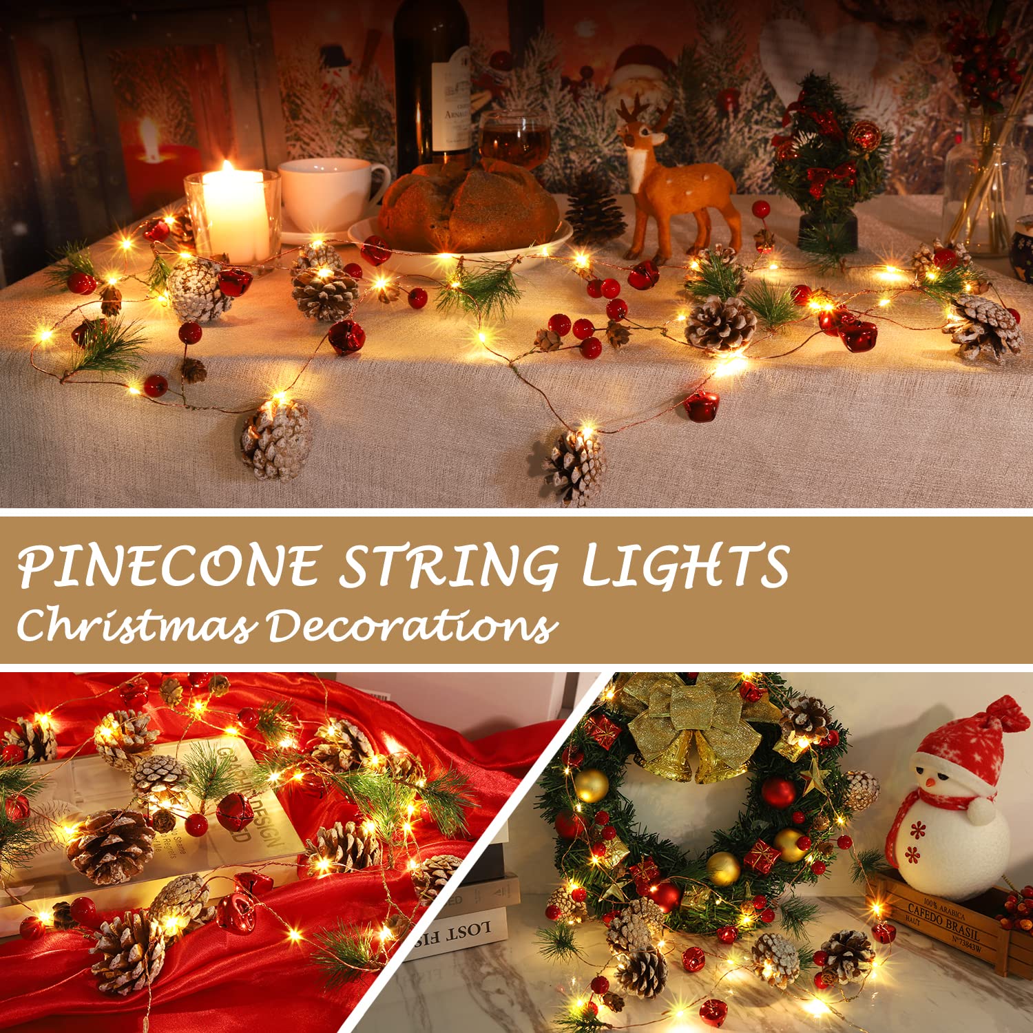 10FT 30LED Red Berry Pine Cone Christmas Garland Lights - Battery Operated Holiday Decor for Tree, Fireplace Mantel, Indoor Home & Party Decorations | Perfect for Xmas, Winter Weddings & Festive Events