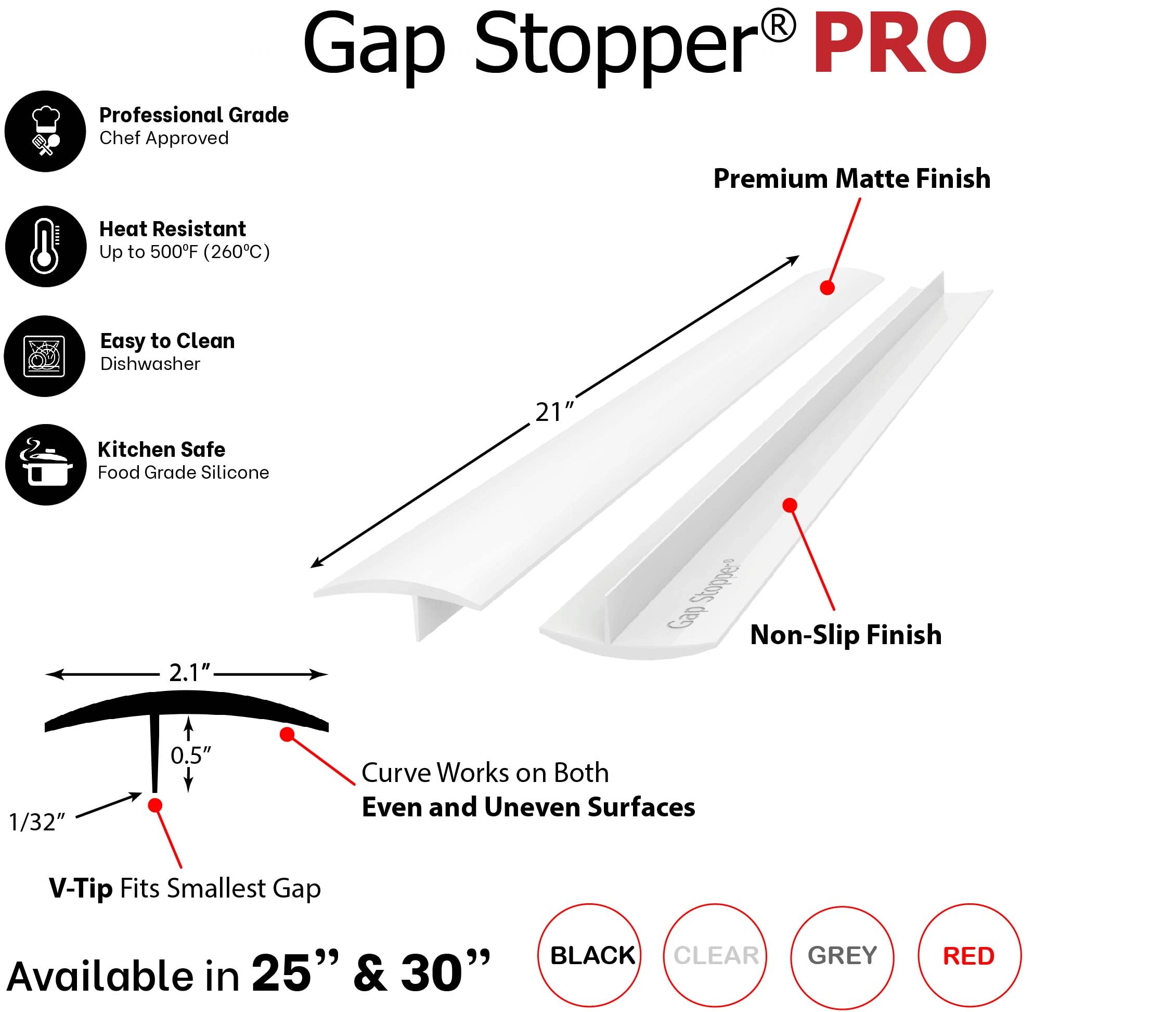 Gap Stopper Pro - 21 Inch White Silicone Stove Gap Cover, Heavy Duty 8.6 oz FDA Approved, Set of 2 - Perfect for Kitchen Safety and Preventing Food Debris Between Countertop & Range