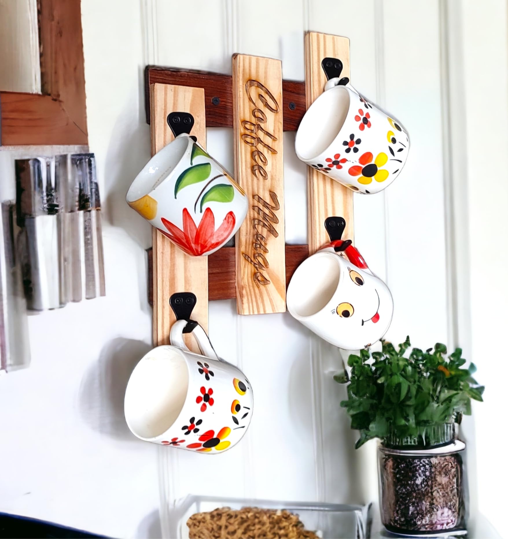Fribiland Wooden Wall Mounted Cup Organizer - 4 Hook Coffee Mug Holder & Rack for Kitchen Display & Storage (13