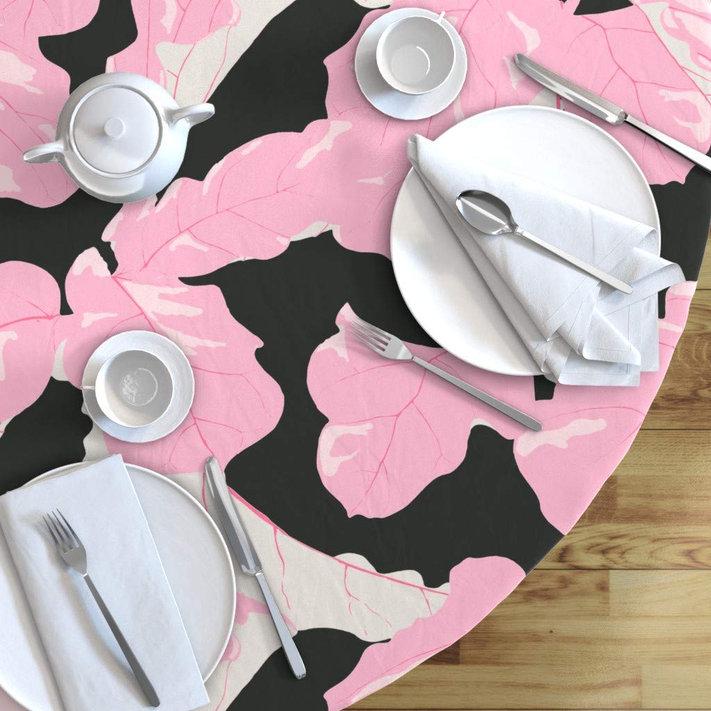 Custom Tropical Pink Palm Jungle Leaves Fig Tree Print Cotton Sateen Tablecloth - 70 Inch Round Table Cover for Dining, Party & Summer Decor | Washable & Durable Table Linens