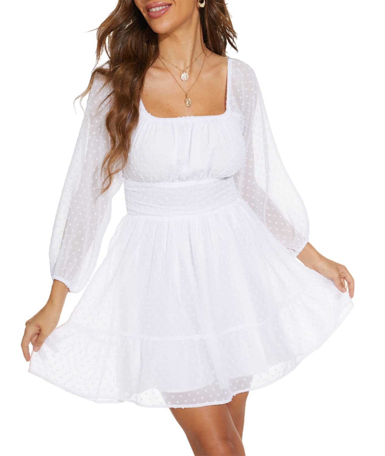 Square Neck Mini Dress for Women 2023 - Puff Sleeve Tie Back A-Line Dress with Elastic Waist | Summer Party, Date Night, Cocktail & Casual Wear