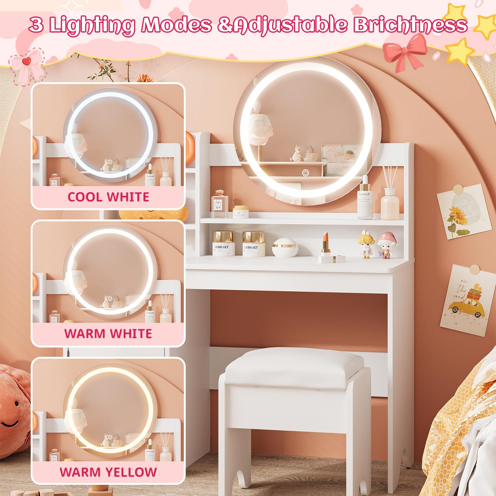 Vabches Kids Vanity Set with LED Lights - Princess Makeup Vanity Desk with Bookshelf, Storage Cabinet & Shelves - Toddler Vanity Table & Chair Set - Pretend Play Dress Up Toy for Little Girls (White) - Perfect for Bedroom Decor & Imaginative Play