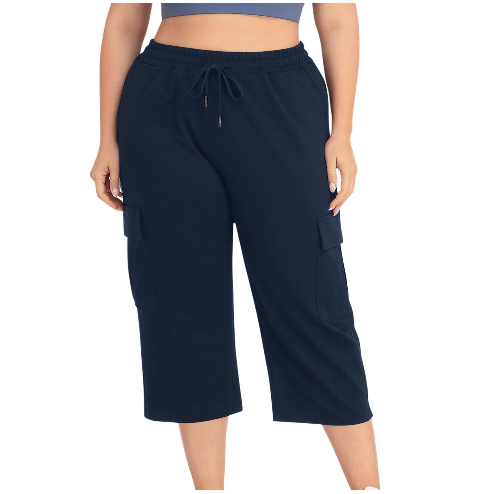 Plus Size Women's Capri Pants with Elastic Waist & Drawstring - Casual Straight Leg Cargo Pants with Pockets - Comfortable Loose Fit for Travel, Hiking & Everyday Wear