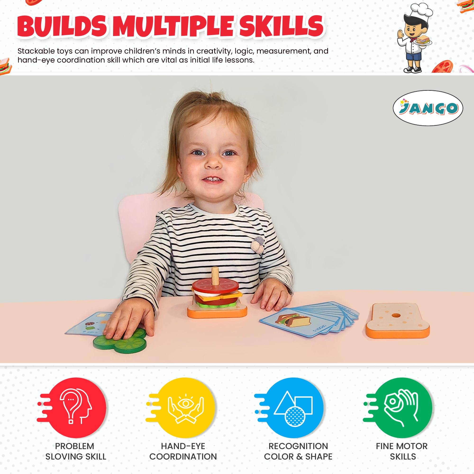 Montessori Wooden Stacking Toys for Toddlers - Burger Sandwich Set for 3 Year Old Kids | Educational Learning Toys for Fine Motor Skills Development | Preschool Play Food for Imaginative Kitchen Role Play