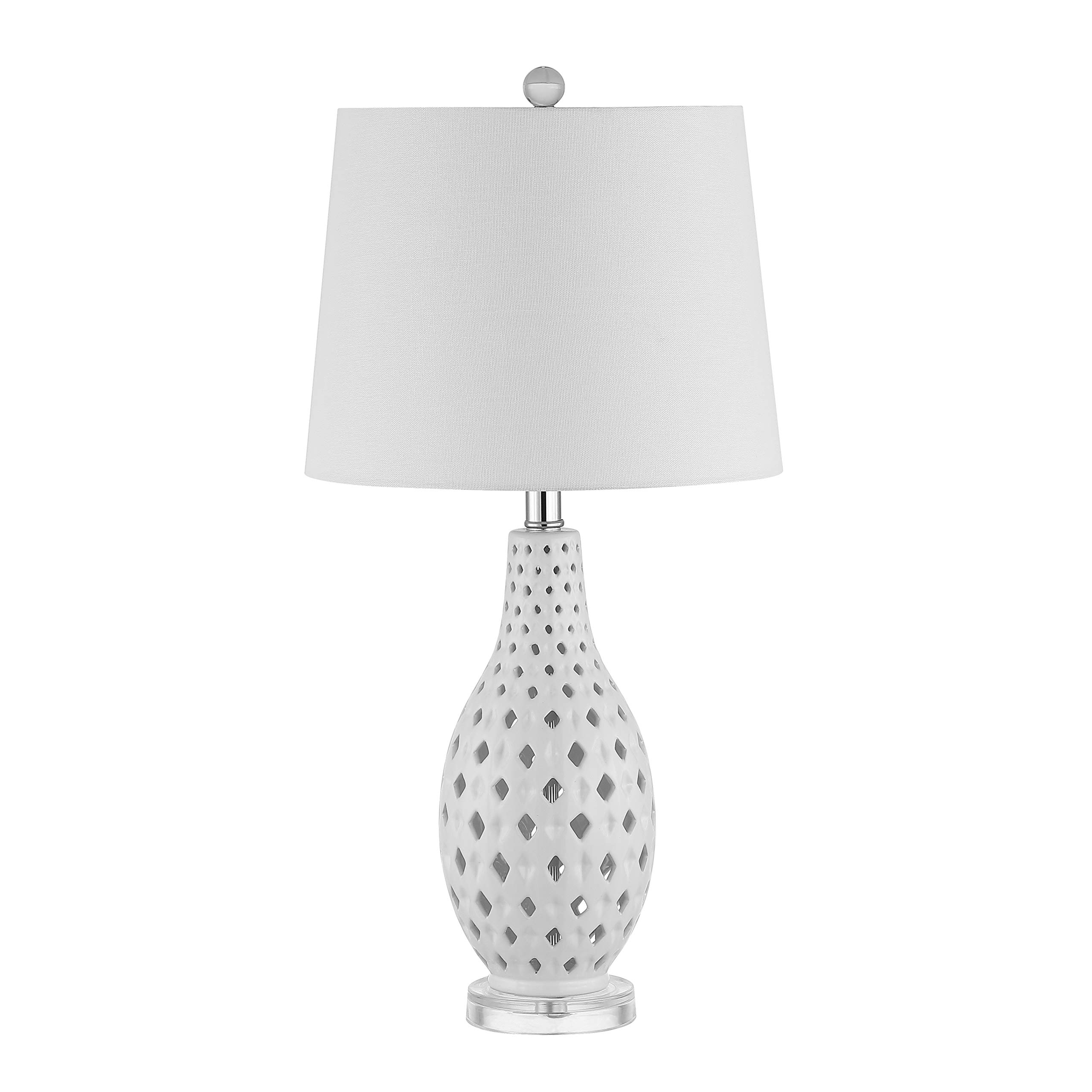 SAFAVIEH Harlem Trellis White Ceramic Table Lamp - 26 Inch Modern LED Desk Lamp for Bedroom, Living Room & Home Office - Nightstand Lighting with Included LED Bulb - Perfect for Reading, Working & Ambient Lighting