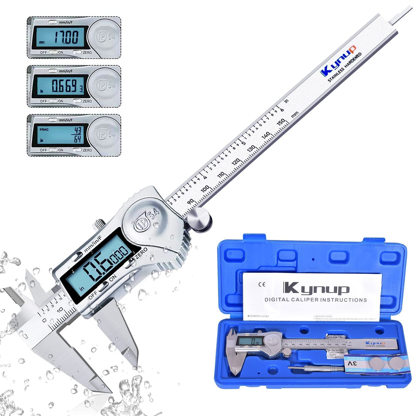 Kynup Digital Caliper - IP54 Waterproof Stainless Steel Electronic Caliper Measuring Tool with Large LCD Screen | Inch/Metric/Fraction Conversion | Perfect for DIY, Woodworking, Metalworking & Engineering Projects