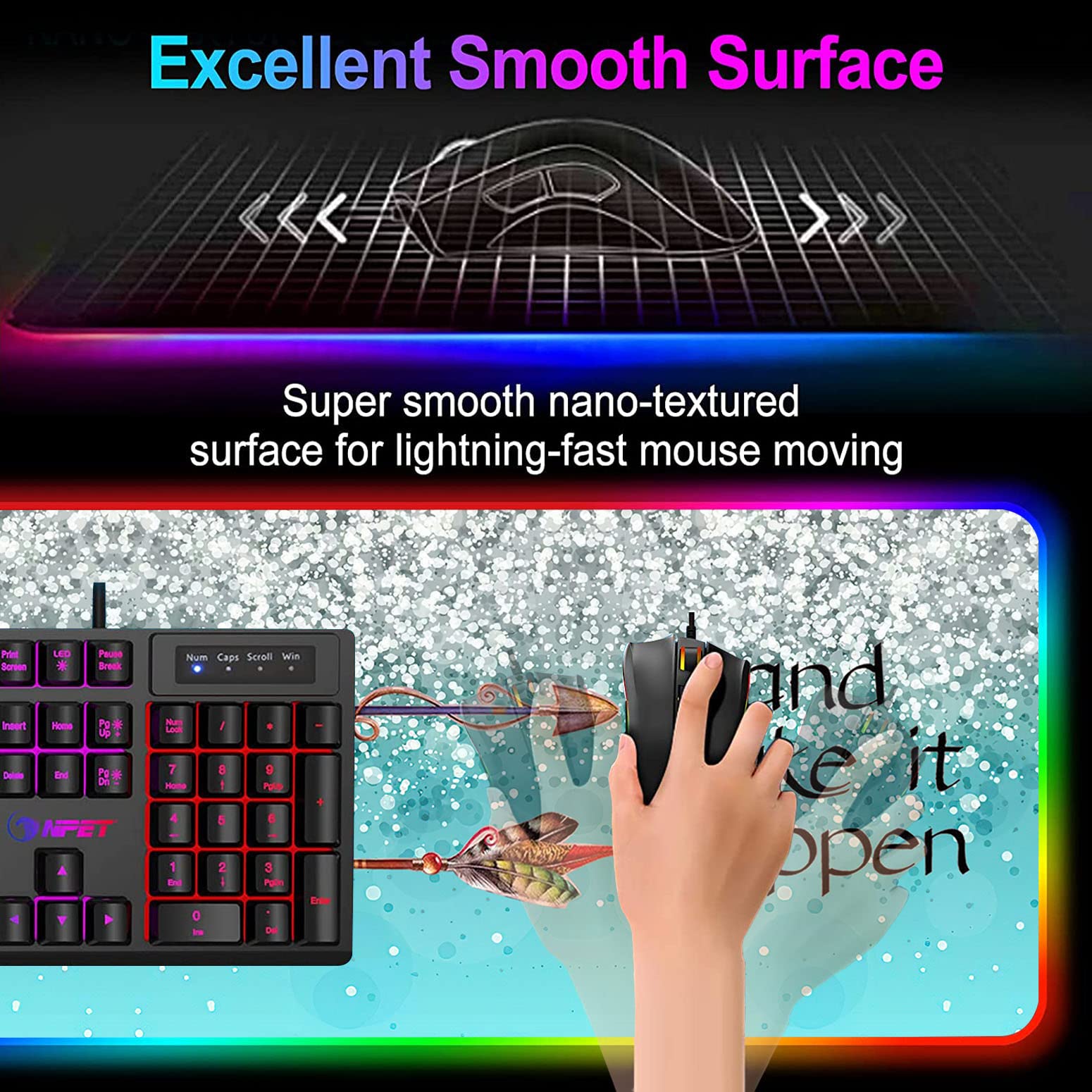 RGB Gaming Mouse Pad with LED Lights - Large Extended Desk Mat for Keyboard & Mouse, Waterproof & Non-Slip Surface - Perfect for PC Gaming, Office Work & Streaming Setup (Blue Motivational Design)