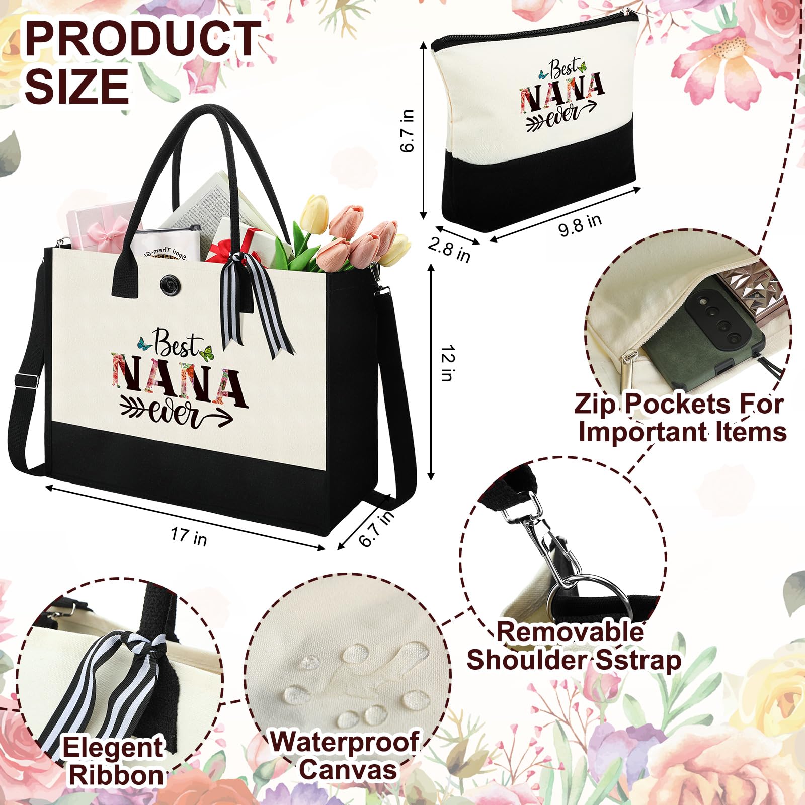 Silkfly 3-Piece Best Nana Ever Gift Set - Stainless Steel Tumbler & Canvas Tote Bag for Women | Perfect Mother's Day, Birthday Gifts for Mom, Grandma, Friend, Family & Coworkers | Great for Coffee Dates, Shopping Trips & Office Use