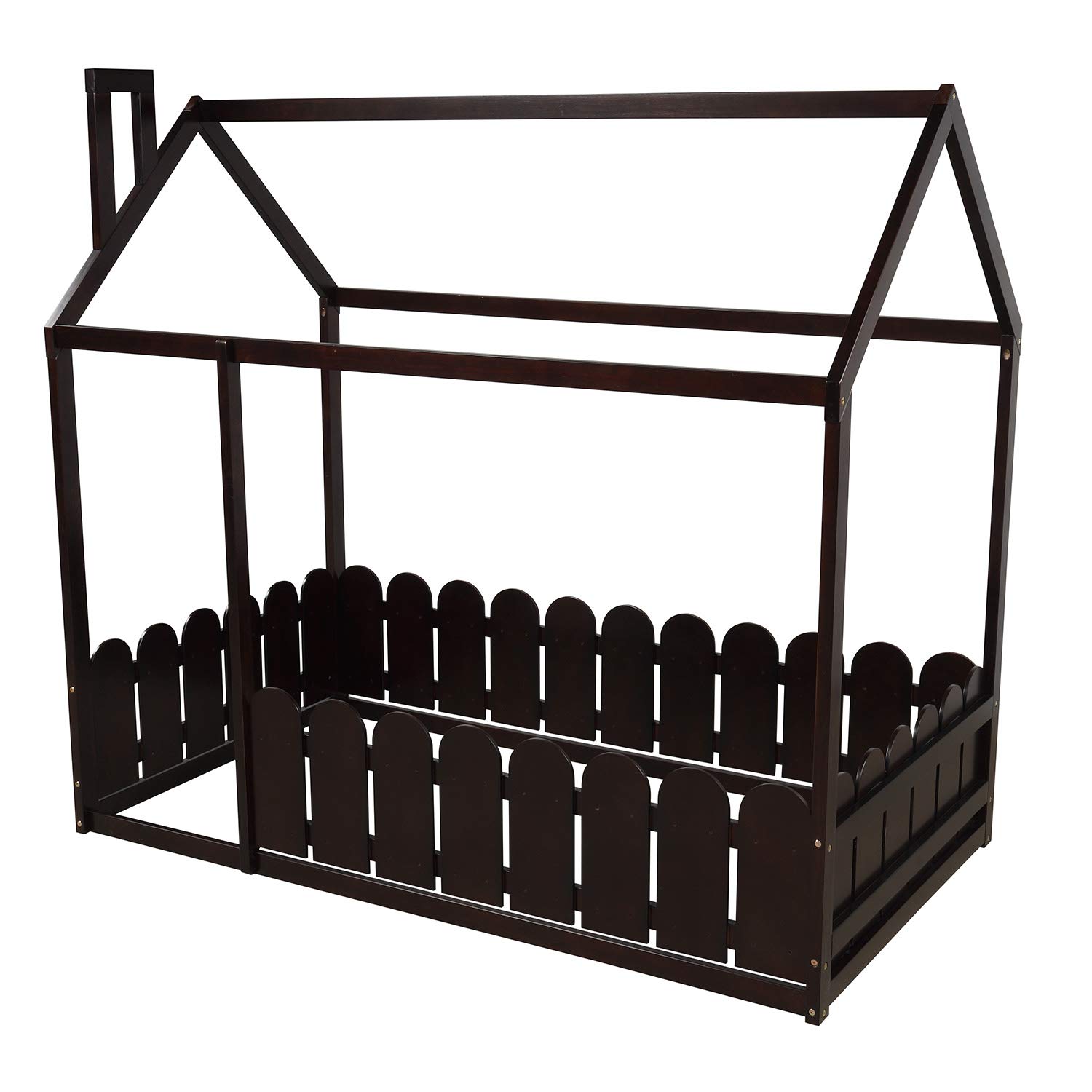 Twin Size Wooden House Bed Frame with Roof and Fence - Espresso Cabin Bed for Kids, Nursery Furniture, Play Tent | Perfect for Children's Bedroom, Playroom, and Montessori Learning Spaces