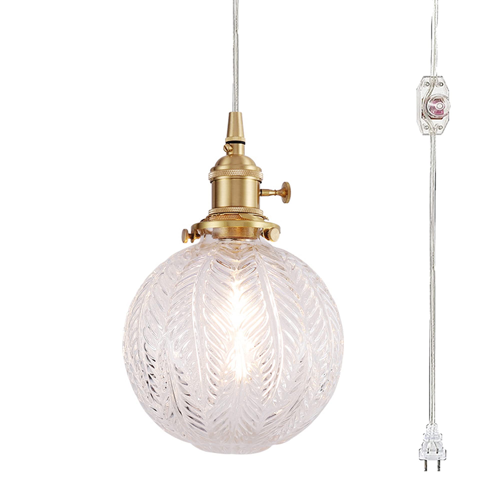 Plug-in Hanging Swag Lamp with 20ft Cord - No Wiring Needed Pendant Light with UL Certified On/Off Dimmer Switch, Clear Glass Globe Shade & Copper Holder - Perfect for Kitchen Island, Dining Room, Bedroom or Living Room Lighting