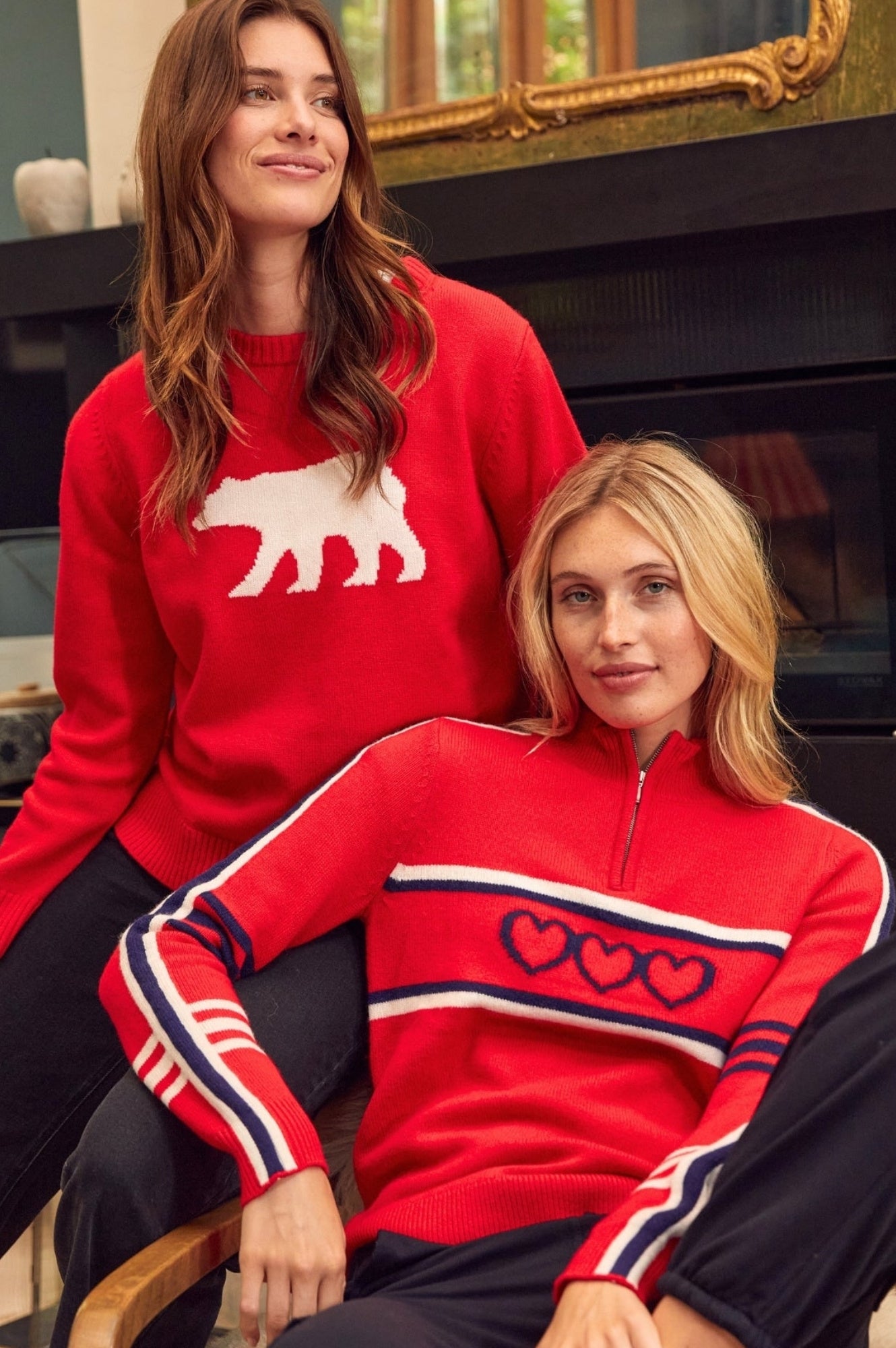 Premium Merino Wool Quarter Zip Sweater with Stripe Hearts Design - Red, Navy, Cream | Cozy Winter Wear for Outdoor Activities & Casual Fashion