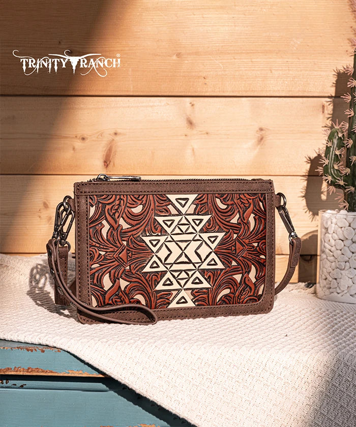 Trinity Ranch Aztec Tooled Leather Wristlet - Stylish Crossbody Wallet for Women | Perfect for Shopping, Travel & Everyday Use