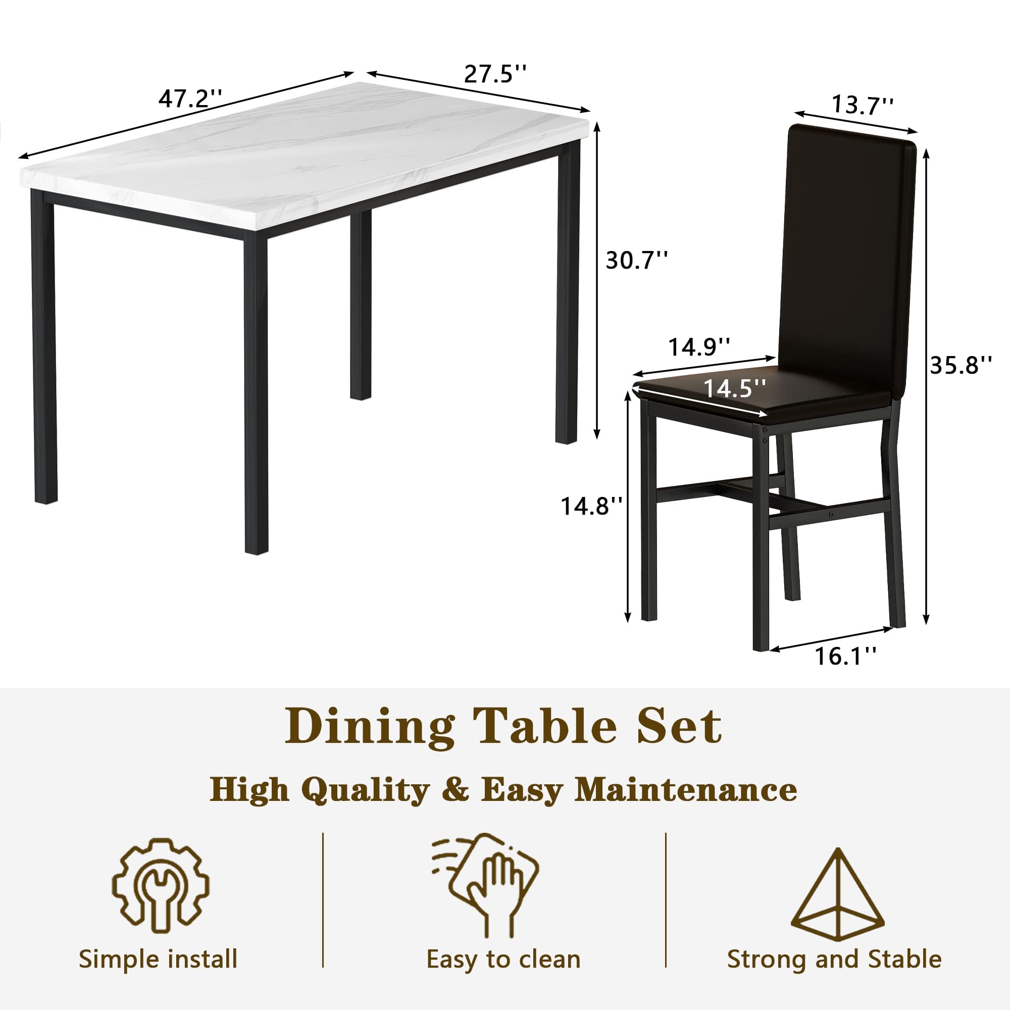 Hooseng Modern 5-Piece Dining Set - White Faux Marble Table with 4 PU Leather Chairs for Small Spaces | Perfect for Apartments, Home Bars & Compact Dining Areas