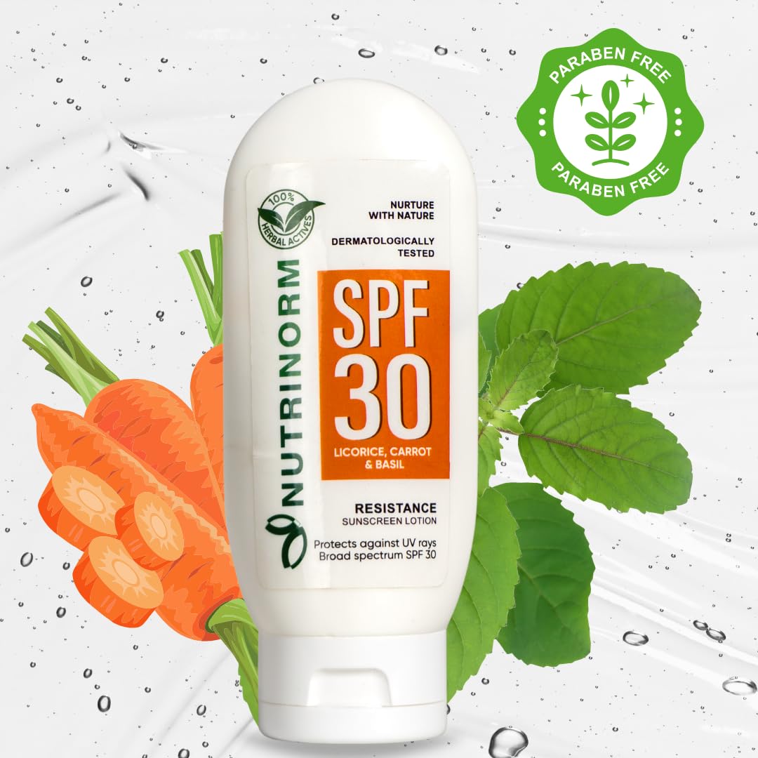 NUTRINORM SPF 30 Sunscreen Lotion - Paraben Free, 100% Herbal Actives with Carrot Seed & Tulsi Oil | Daily Moisturizer & Sun Protection for Face & Body | Perfect for Beach, Outdoor & Daily Use - 100g